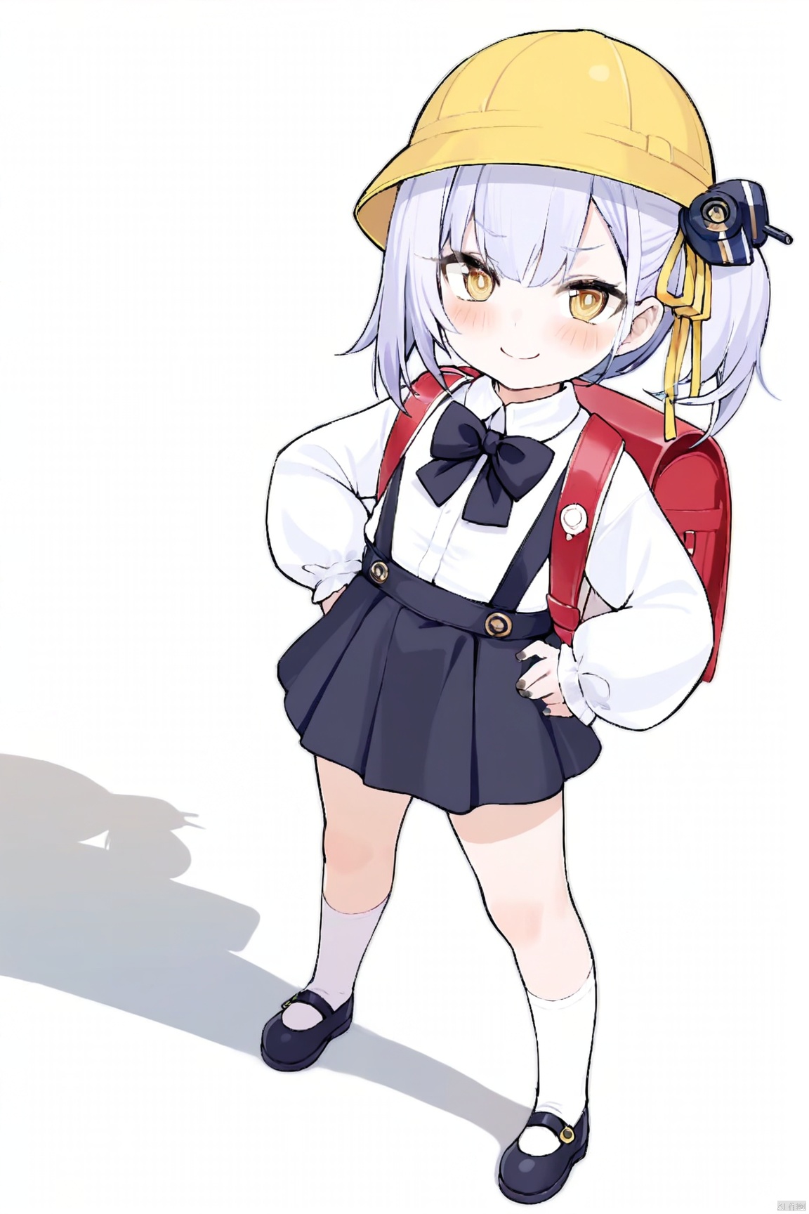 masterpiece,best quality,high quality,loli,chromatic aberration,fair_skin, Children, 1girl, solo, looking at viewer, blush, smile, short hair, bangs, skirt, simple background, shirt, hair ornament, long sleeves, hat, white background, bow, ribbon, full body, yellow eyes, white shirt, grey hair, shoes, socks, virtual youtuber, bowtie, black skirt, bag, side ponytail, backpack, suspenders, white socks, mary janes, hands on hips, suspender skirt, randoseru, yellow headwear, school hat
