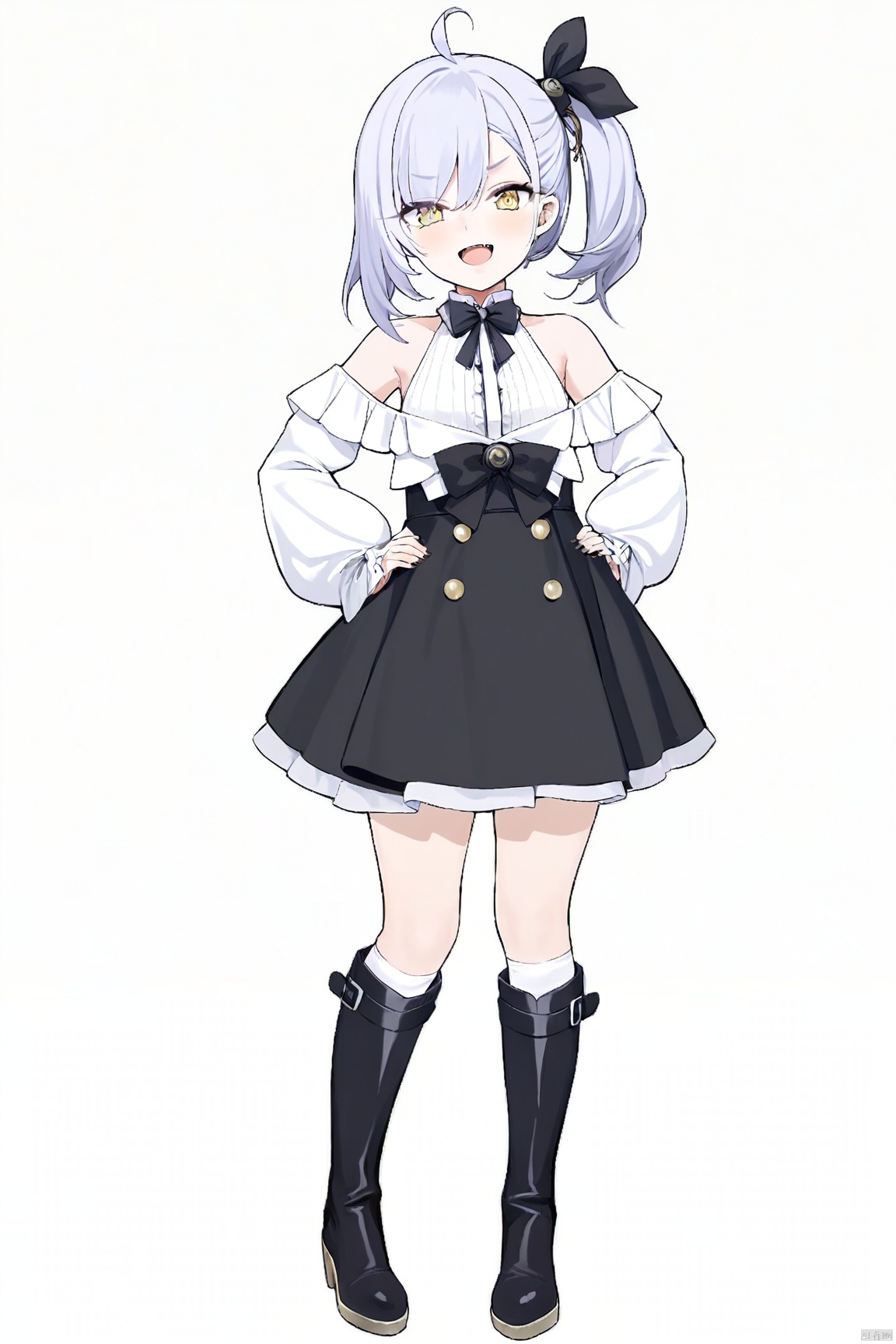 masterpiece,best quality,high quality,chromatic aberration,fair_skin, 1girl, solo, looking at viewer, smile, open mouth, bangs, skirt, shirt, long sleeves, white background, bow, ribbon, bare shoulders, standing, full body, yellow eyes, white shirt, ahoge, :d, grey hair, boots, frills, detached sleeves, socks, fang, black skirt, black footwear, side ponytail, kneehighs, black bow, knee boots, hands on hips, high-waist skirt