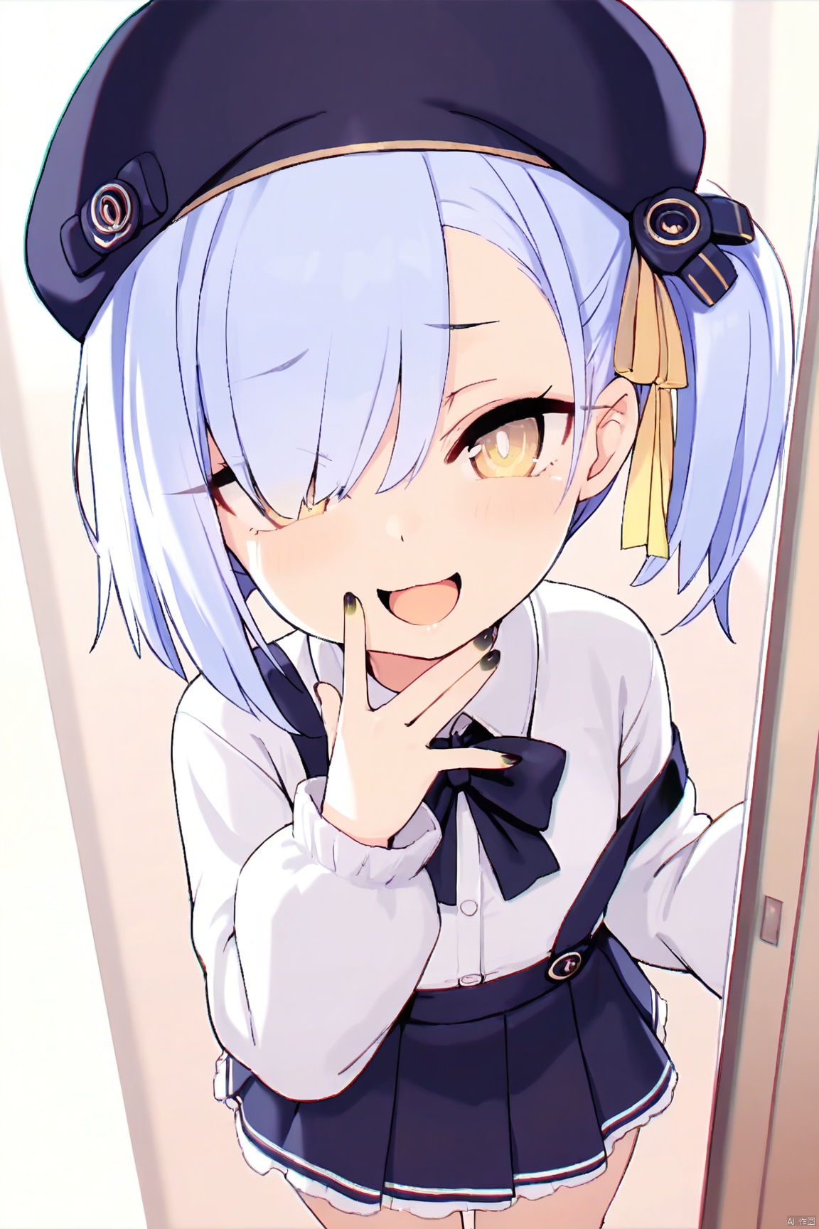 masterpiece,best quality,high quality,chromatic aberration,fair_skin,1girl, solo, looking at viewer, smile, open mouth, skirt, shirt, long sleeves, hat, ribbon, blue hair, yellow eyes, nail polish, hair over one eye, side ponytail, beret,loli