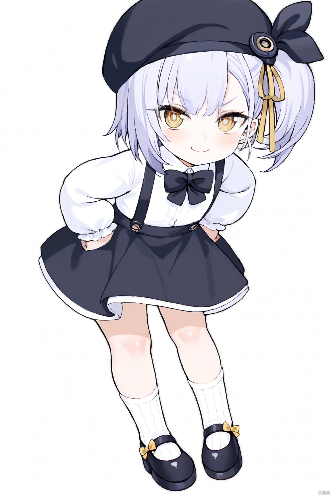 masterpiece,best quality,high quality,loli,chromatic aberration,fair_skin, Children, 1girl, solo, looking at viewer, smile, bangs, skirt, simple background, shirt, long sleeves, hat, white background, bow, ribbon, closed mouth, standing, full body, hair ribbon, yellow eyes, white shirt, grey hair, shoes, socks, puffy sleeves, collared shirt, virtual youtuber, black skirt, black footwear, side ponytail, v-shaped eyebrows, black headwear, black bow, beret, suspenders, white socks, mary janes, puffy long sleeves, hands on hips, suspender skirt