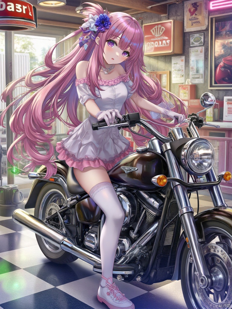 In a vibrant, retro-themed garage, a young woman with long, flowing pink and purple hair stands confidently beside her sleek, polished motorcycle. The checkered floor beneath her feet adds a classic touch to the scene. She is dressed in a stylish outfit, complete with a pair of gloves that match the color of her hair. Her hair is adorned with a delicate ribbon, which complements the hair ornament she wears. She holds the handlebars of her bike, ready for an adventure, while the soft, natural light highlights the intricate details of her look. The entire scene is a perfect blend of modern and vintage, creating a visually striking and safe for work (SFW) image, anime style,torino