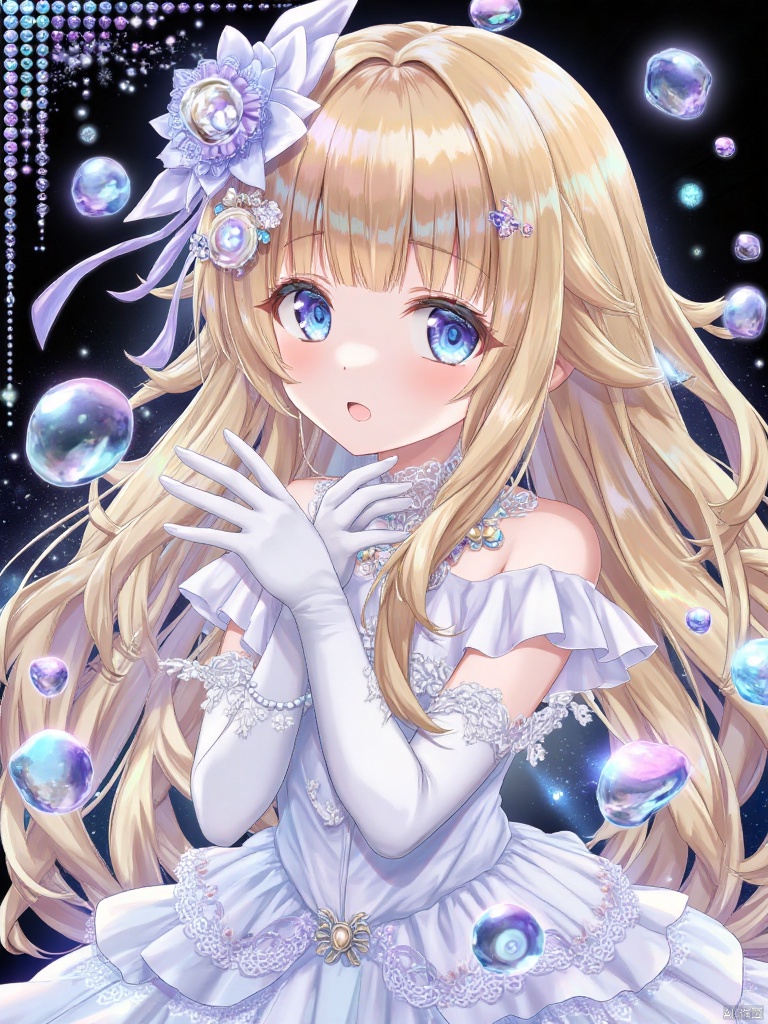 An animated image of an anime girl with long blonde hair and blue eyes. She is wearing a white dress and white gloves. Her hands are covered with white pearls. The background is dark, and there are white dots on the left side of the image,torino