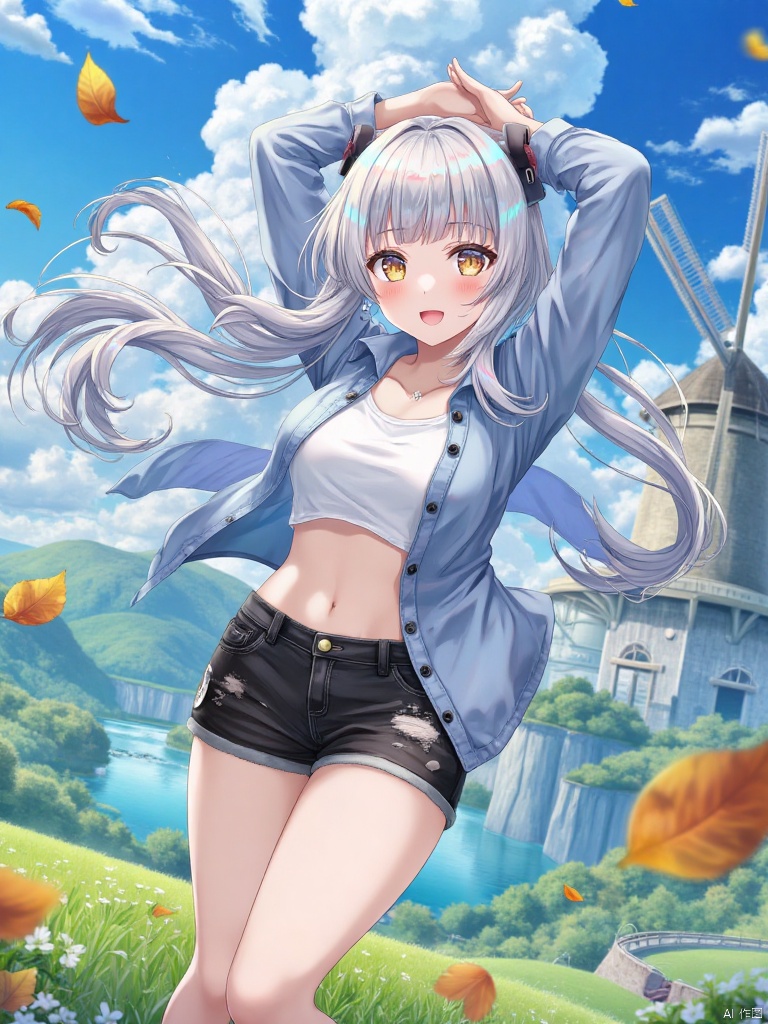 torino,(masterpiece),(best quality),illustration,ultra detailed,hdr,Depth of field,(colorful),1girl,solo,outdoors,shorts,sky,long hair,cloud,navel,falling leaves,cutoffs,arms up,crop top,smile,grass,windmill,midriff,day,black shorts,long sleeves,floating hair,stomach,wind,blue sky,standing,open mouth,shirt,short shorts,denim,white hair,white shirt,yellow eyes,:d,torn shorts,feet out of frame,looking at viewer,denim shorts,leaf,thighs