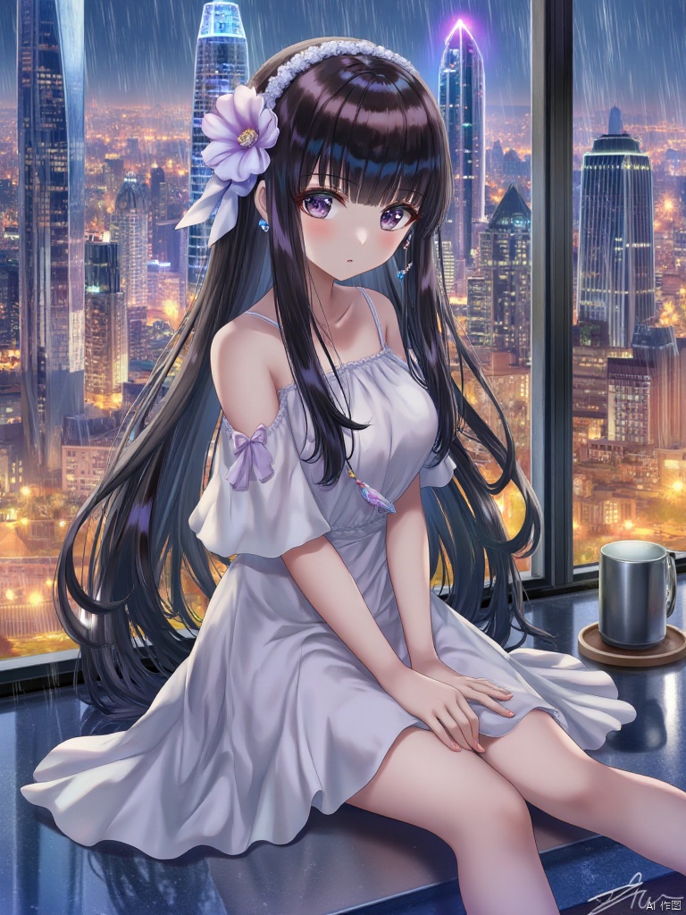 Create a masterpiece illustration featuring a young girl with very long black hair, sitting gracefully on a reflective floor indoors. She wears an elegant, off-shoulder white dress with short sleeves, accentuating her bare shoulders. The setting is a modern cityscape at night, with towering skyscrapers visible through a large window behind her, illuminated by vibrant city lights. The atmosphere is enhanced by gentle rain falling outside, creating a soft, dreamy ambiance. The girl gazes directly at the viewer, her hand resting between her legs in a relaxed pose. Utilize HDR techniques to capture the depth of field, highlighting the contrast between the colorful city lights and the soft, muted tones of her dress. Aim for ultra-detailed textures that evoke a sense of calm and introspection, with an image quality of at least 4K resolution,torino