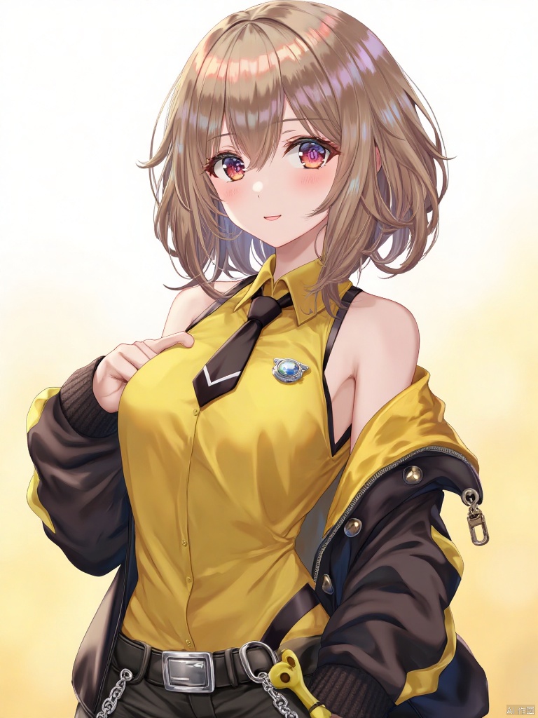 A female anime character with short brown hair, styled with a slight wave and some strands framing her face. She has large, expressive eyes with a reddish hue and a subtle blush on her cheeks. She wears a sleeveless, glossy yellow top with a black collar and a black tie. A small, silver badge or emblem is pinned to her left chest. Over the yellow top, she wears a black, glossy jacket with yellow accents on the shoulders and sleeves. The jacket is open, revealing the yellow top underneath. She also wears a black belt with a silver buckle and a chain accessory hanging from it. The background is a simple, light gradient, likely off-white or pale yellow, which helps to highlight the character and her outfit. The overall style is sleek and modern, with a focus on the contrasting colors and the shiny textures of the clothing,torino
