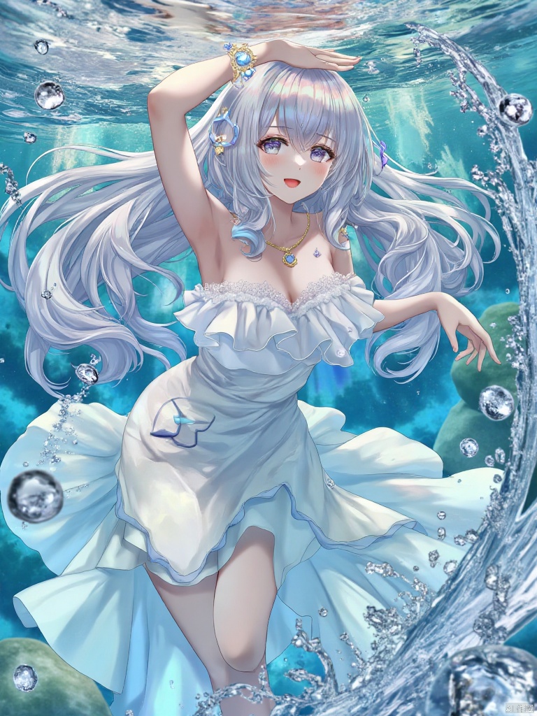 Create an image of a beautiful woman submerged underwater, embodying ethereal beauty. She has flowing, white hair that cascades around her, contrasting beautifully against a serene, pure blue background. The composition should focus on her solo figure, elegantly posed as she floats gracefully, exuding maturity and allure. Soft, dappled light filters through the water, illuminating her features and creating a dreamlike atmosphere. The color palette should be dominated by light blues and soft whites, enhancing the sense of tranquility. Use a hyper-realistic style, emphasizing the smooth texture of her skin and the fluidity of her hair. Capture a sense of gentle motion, as if she is softly swaying with the current. Aim for the highest quality, extremely clear resolution, resulting in a masterpiece that feels both captivating and serene,anime styl,torino