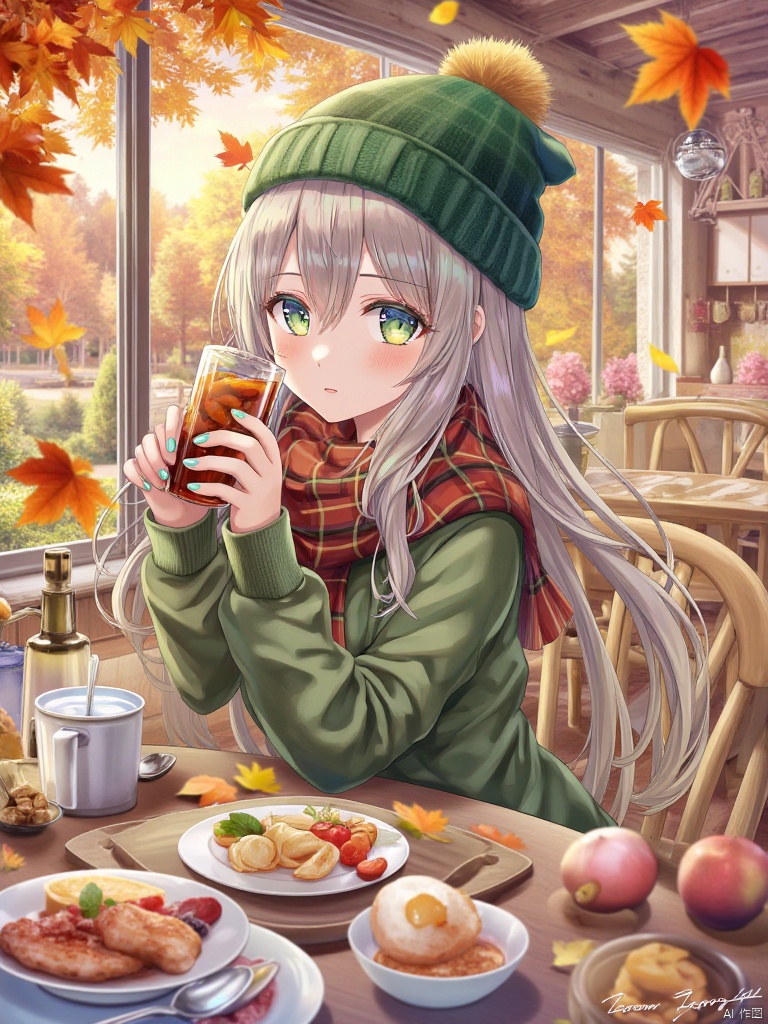 masterpiece,best quality,high quality,(colorful),loli,1girl,cup,solo,holding,looking at viewer,autumn,plaid headwear,holding cup,autumn leaves,green eyes,hat,nail polish,closed mouth,long sleeves,blush,fish,sweater,indoors,pom pom \(clothes\),plaid,looking back,sitting,green nails,drinking glass,green headwear,upper body,aqua nails,long hair,window,tree,food,grey hair,maple leaf,table,chair,day,blue nails,beanie,blonde hair,water,aqua eyes,plaid scarf,torino