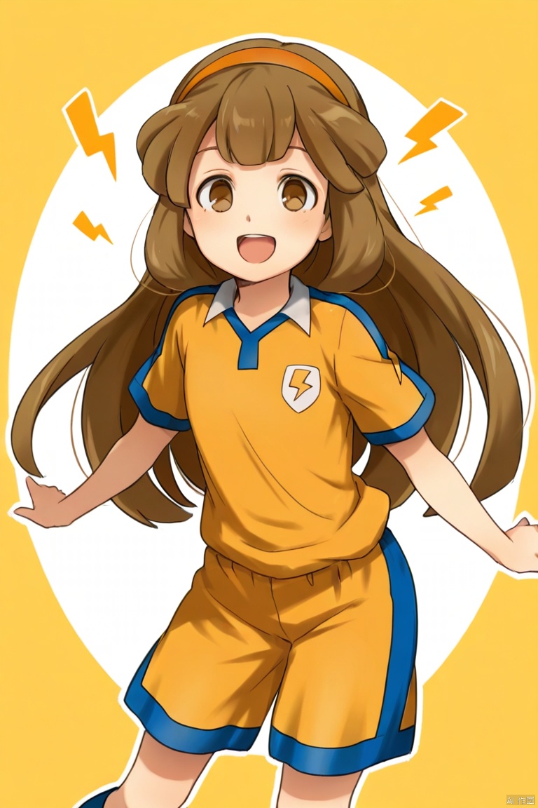 masterpiece, best quality, high quality, nanobana kinako \(Inazuma Eleven Go\), 1girl, solo, long hair, smile, open mouth, brown hair, brown eyes, soccer uniform, lightning bolt symbol, orange hairband,