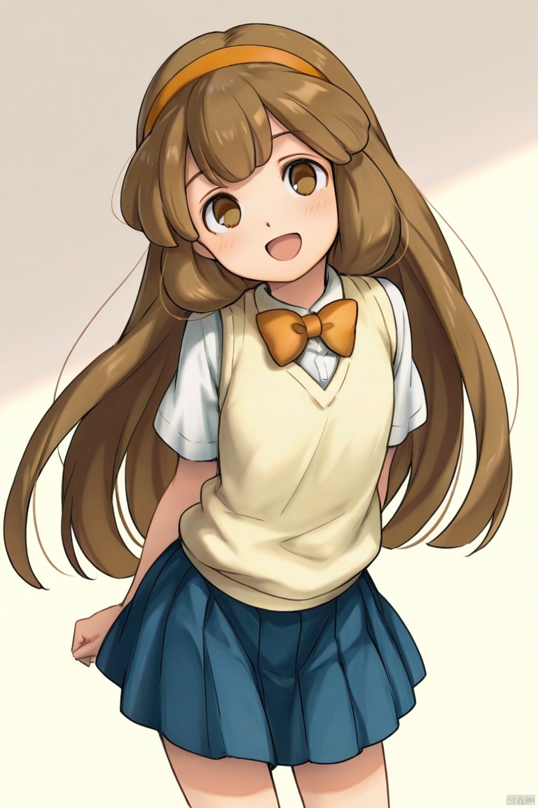 masterpiece, best quality, high quality, nanobana kinako \(Inazuma Eleven Go\), 1girl, solo, long hair, smile, open mouth, brown hair, brown eyes, school uniform, sweater vest, orange hairband, blue skirt,