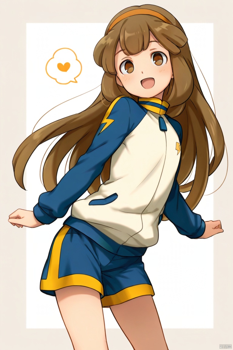 masterpiece, best quality, high quality, nanobana kinako \(Inazuma Eleven Go\), 1girl, solo, long hair, smile, open mouth, brown hair, brown eyes, shorts, track jacket, orange hairband,