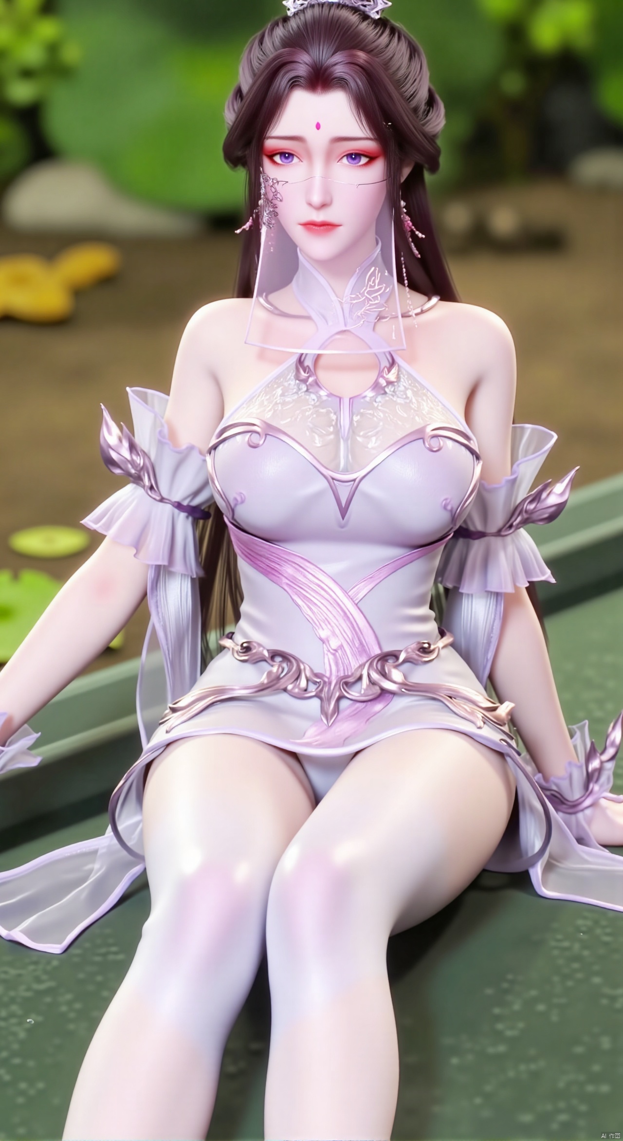  SFW,(masterpiece:1.2),best quality,absurdres,masterpiece,original,extremely detailed wallpaper,perfect lighting,1girl,solo,looking at viewer,(cowboy_shot:1.3),long hair,high heels,blurry background,depth of field,motion blur,(light cyan long dress:1.23),china_dress,chinese_style,bare shouders,crystal_earrings,headpiece,hair_tie,chest_jewel,gem,necklace,jewelry,in summer,day,outdoors,nature,garden,,(sitting,Lotus pond, lotus:1.59),(huge breasts:2.99),(full breasts:2.89),Xzhihua,Xsiyouyou,Xyanruyu,Xmoxiaonan,Xyeqingxian,Xyuechan,Xwenjing