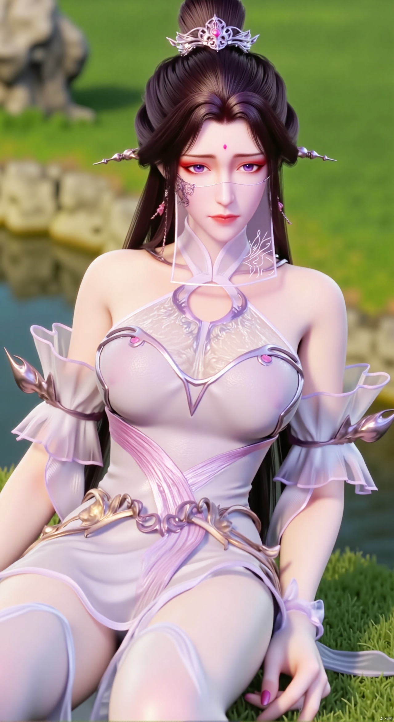  SFW,(masterpiece:1.2),best quality,absurdres,masterpiece,original,extremely detailed wallpaper,perfect lighting,1girl,solo,looking at viewer,(cowboy_shot:1.3),long hair,high heels,blurry background,depth of field,motion blur,(light cyan long dress:1.23),china_dress,chinese_style,bare shouders,crystal_earrings,headpiece,hair_tie,chest_jewel,gem,necklace,jewelry,in summer,day,outdoors,nature,garden,,(sitting,Lotus pond, lotus:1.59),(huge breasts:2.99),(full breasts:2.89),Xzhihua,Xsiyouyou,Xyanruyu,Xmoxiaonan,Xyeqingxian,Xyuechan,Xwenjing