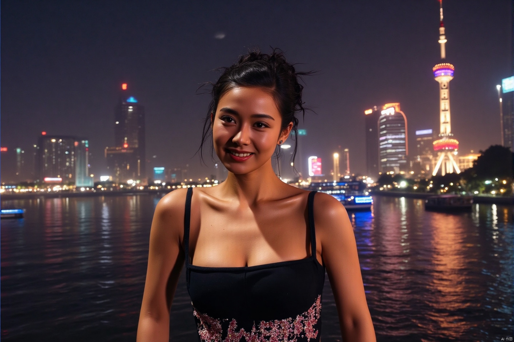 On the Shanghai Bund under the neon lights at night, with the Oriental Pearl Tower in the background, a beautiful woman looked at the audience with a smile in the drizzle. She was wearing a tight top with medium to large breasts, revealing her beautiful cleavage. The letters "SUNSHINE" were written on her chest. Her confidence was contagious to everyone.
