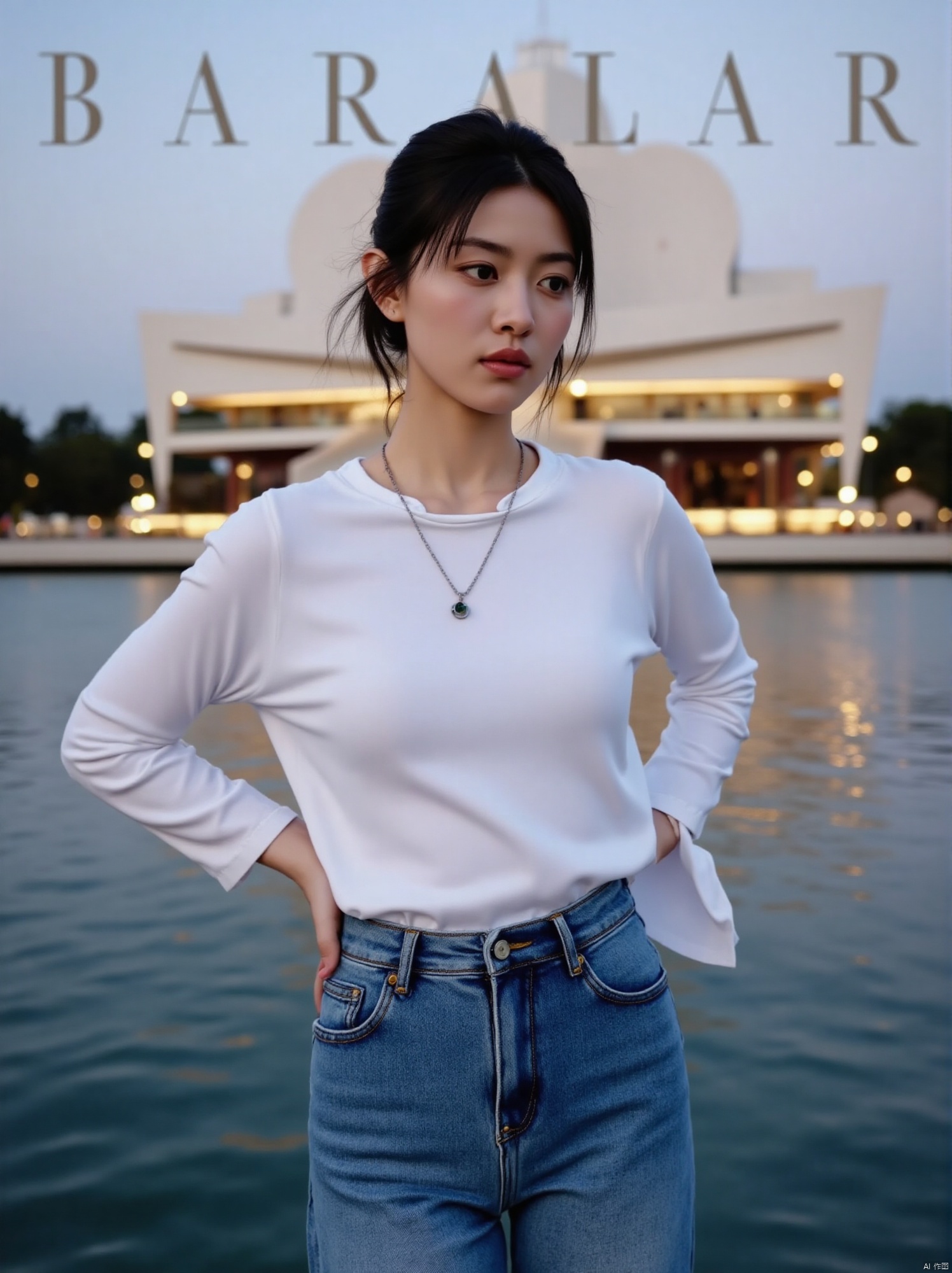 (RAW photo, 4k, realistic, exquisitely detailed skin),masterpiece,best quality,unity 8k wallpaper,ultra detailed,cinematic look,natural skin texture,extremely realistic skin texture,finely detailed face,(film grain:1.2),cinematic angle,Fujifilm XT3,An ad for a magazine features a woman with short dark hair and a necklace on her neck. She is wearing a pair of blue jean shorts and a white long sleeve shirt. The woman's arm is draped over her back with her hands resting on her hip. The backdrop of the woman is a body of water with a building in the distance. The building has a row of lights in front of it. The word "BARAR" is written in large letters at the top of the image.