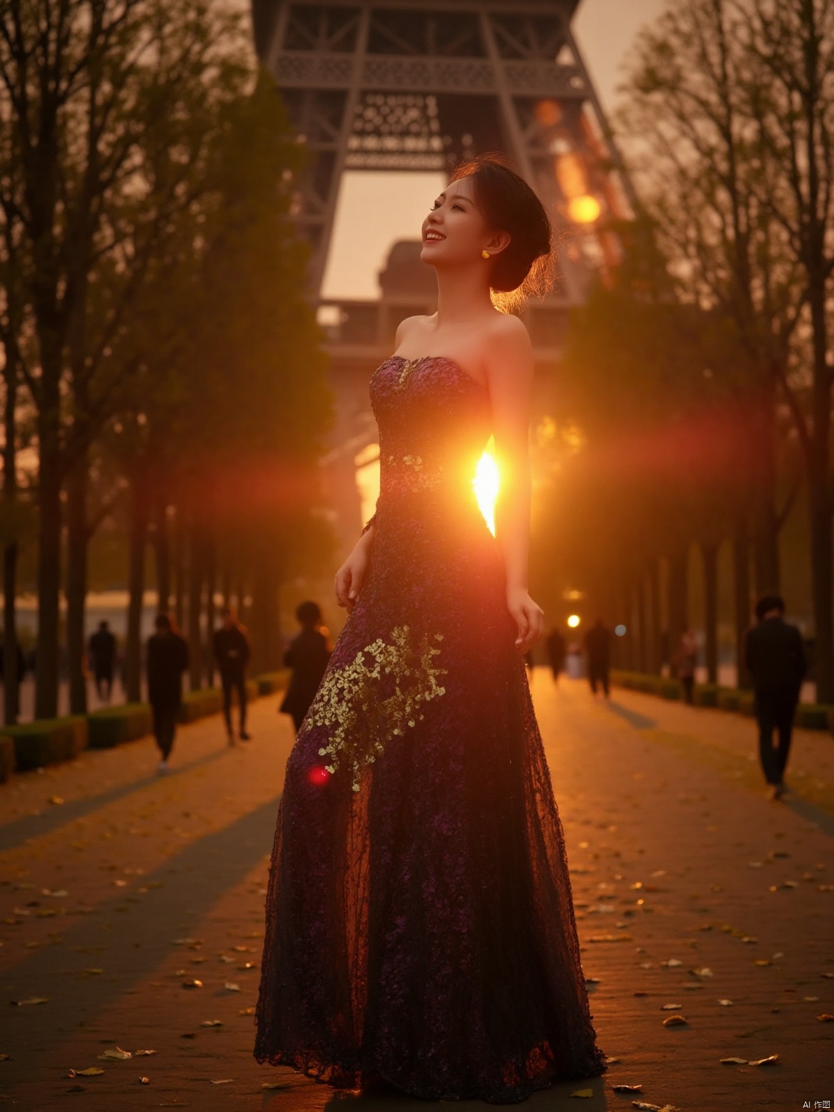 Here is a prompt for creating an exquisitely detailed image based on your description: A cinematic shot taken on the iconic Champs Elysées in Paris at dusk in autumn, as the sun dips below the horizon casting a warm glow (film grain: 1.2). A stunning Chinese woman, wearing a strapless low-cut long dress with intricate details and natural skin texture, stands out against the majestic Eiffel Tower's backdrop. Her radiant smile illuminates her deep cleavage, highlighting her plump breasts, as she proudly displays the bust of her dress featuring bold golden letters 'SUNSHINE'. The fallen leaves on the ground glisten with a warm golden light, reflecting the vibrant colors of the setting sun. Captured using Fujifilm XT3, in 4K resolution, this unity 8k wallpaper boasts ultra-detailed skin texture and finely detailed facial features, showcasing an exquisitely realistic masterpiece.