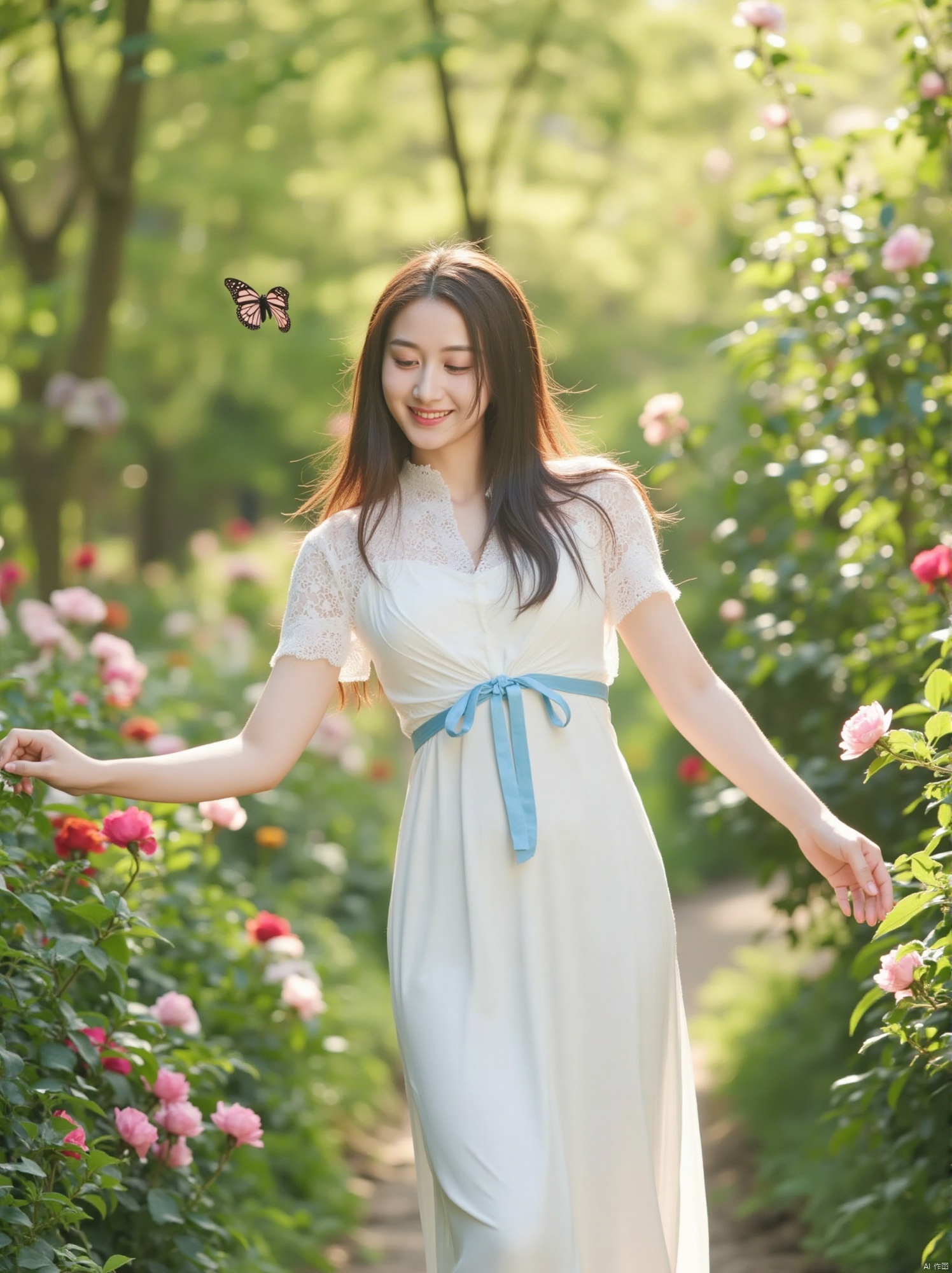 On a spring day, the garden looks like a dreamy scroll, with a beautiful woman in it.
She was wearing a snow-white dress with a swaying hem like a lily. The lace and light blue ribbon outlined her slender waist. Walking in the sea of ​​​​flowers, there are blooming flowers at your feet, your long hair is hanging down and brushing your cheeks, your eyes are clear and lively, and the corners of your eyes are raised to tell stories.
Reaching out to touch the rose, her slender and pink fingers complemented the flower. The petals were like dewdrops. The woman leaned over to smell the fragrance and smiled, her dimples concealing sweetness. Butterflies danced around her, and she stopped. Her eyes were full of tenderness, and the sunlight shone through the leaves. She was like a fairy left behind, so beautiful and moving.