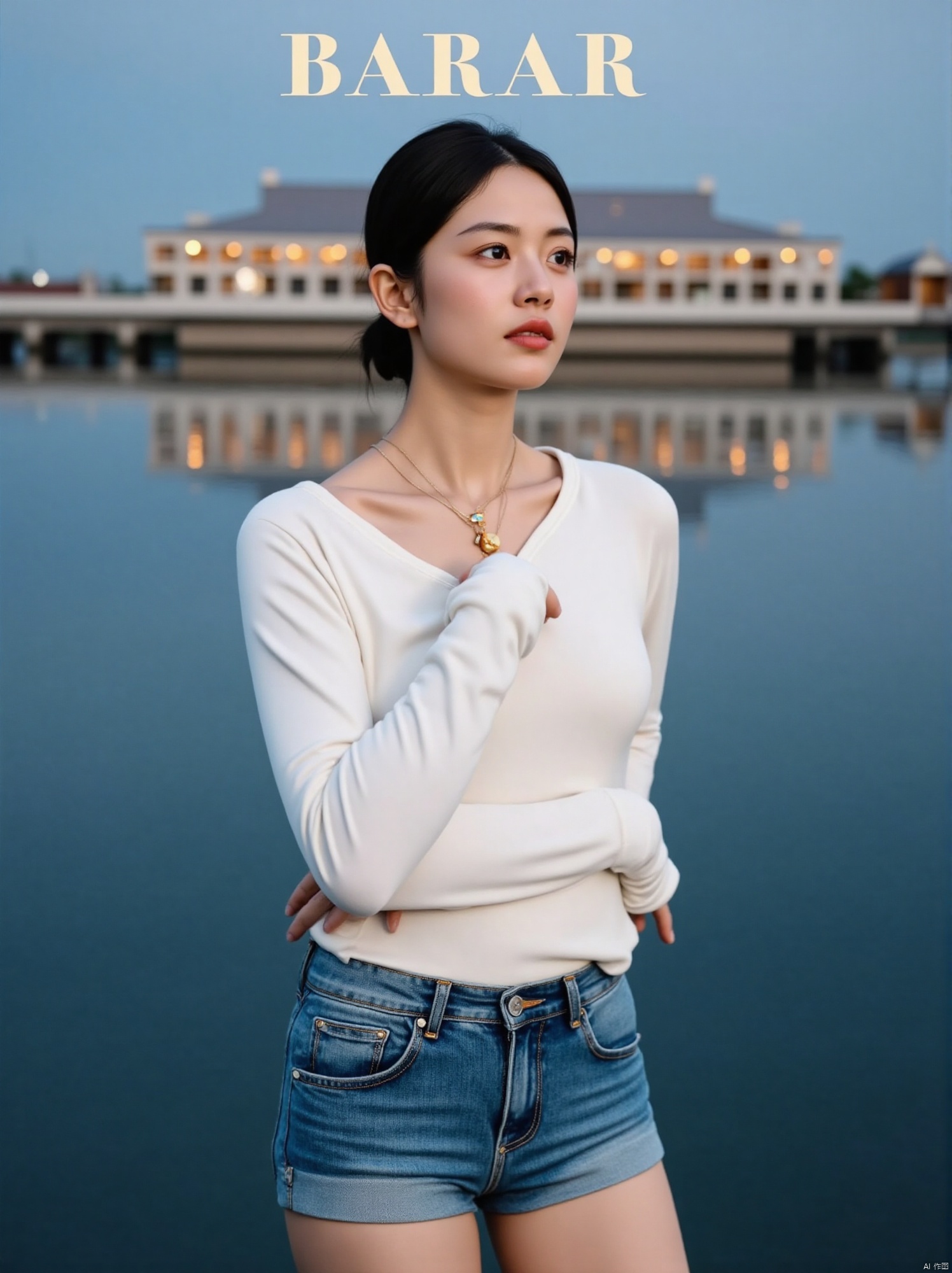 (RAW photo, 4k, realistic, exquisitely detailed skin),masterpiece,best quality,unity 8k wallpaper,ultra detailed,cinematic look,natural skin texture,extremely realistic skin texture,finely detailed face,(film grain:1.2),cinematic angle,Fujifilm XT3,An ad for a magazine features a woman with short dark hair and a necklace on her neck. She is wearing a pair of blue jean shorts and a white long sleeve shirt. The woman's arm is draped over her back with her hands resting on her hip. The backdrop of the woman is a body of water with a building in the distance. The building has a row of lights in front of it. The word "BARAR" is written in large letters at the top of the image.