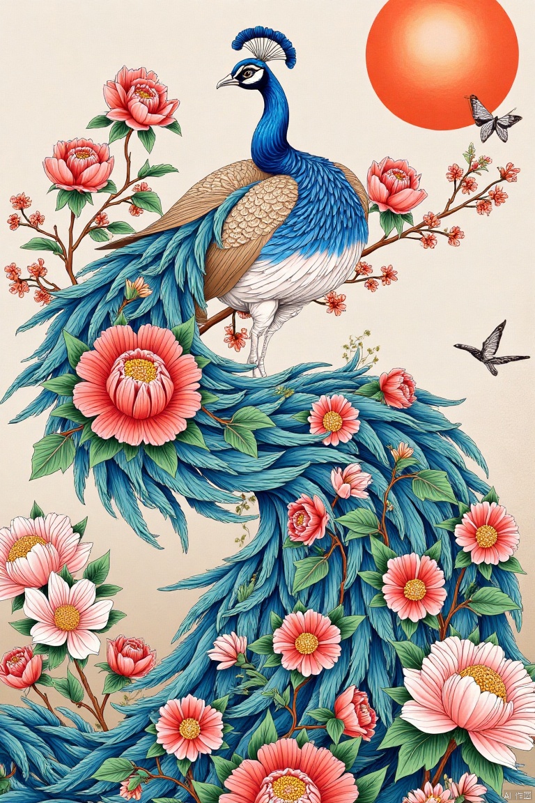 origami,Meticulous Chinese painting,Peacock