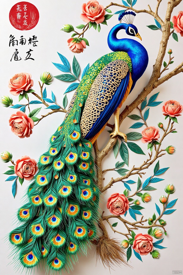 origami,Meticulous Chinese painting,Peacock