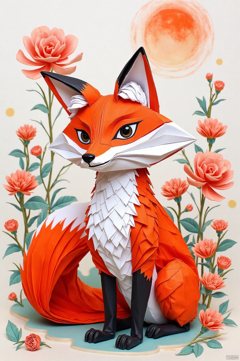 origami, fox,Meticulous Chinese painting