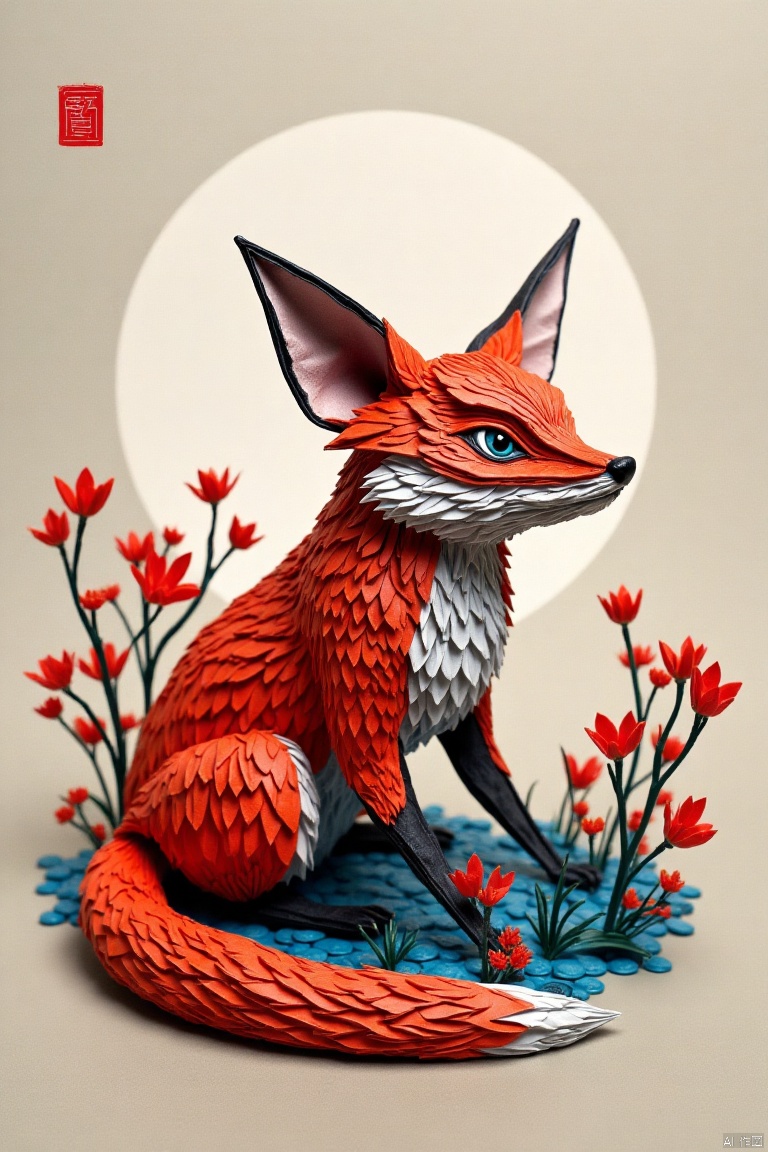 origami, fox,Meticulous Chinese painting