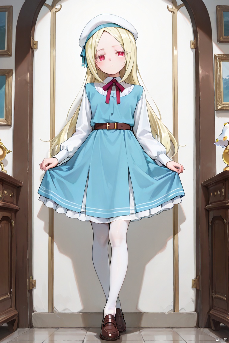 masterpiece, best quality, high quality, Morino Korisu \(I admire magical girls\), 1girl, solo, long hair, looking at viewer, parted bangs, blonde hair, shirt, red eyes, full body, belt, blue dress, white beret, brown footwear, white pantyhose,