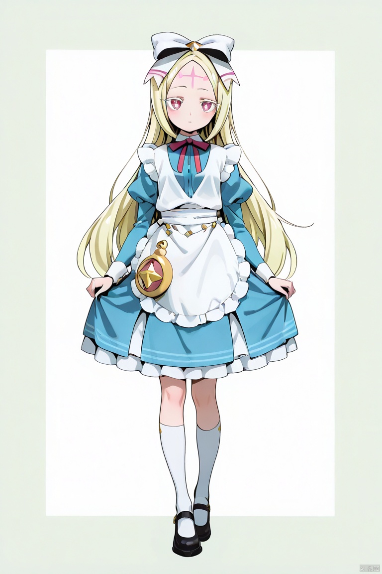 masterpiece, best quality, high quality, Morino Korisu \(I admire magical girls\), 1girl, solo, long hair, looking at viewer, blonde hair, full body, hair bow, blue dress, white apron, pocket watch, forehead mark,