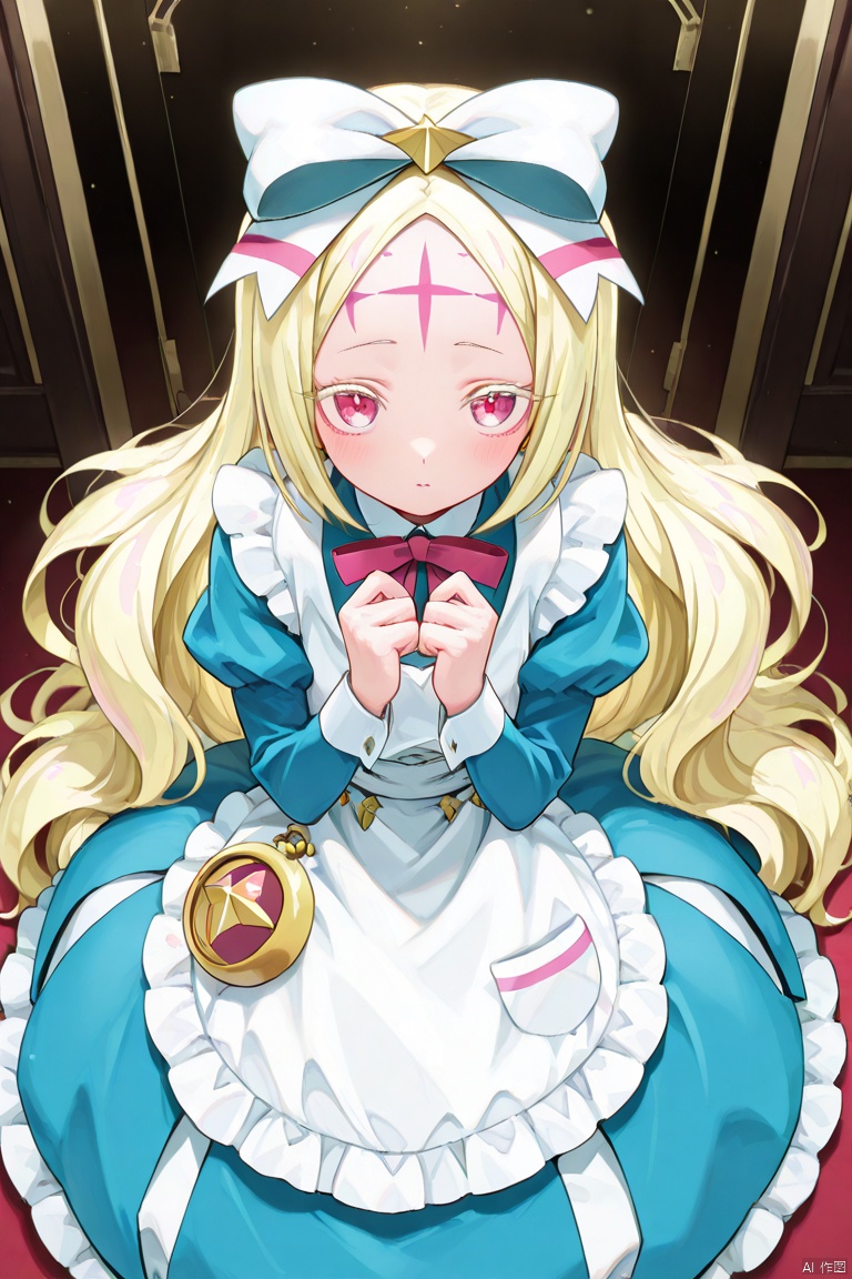masterpiece, best quality, high quality, Morino Korisu \(I admire magical girls\), 1girl, solo, long hair, looking at viewer, blonde hair, hair bow, blue dress, white apron, pocket watch, forehead mark,
