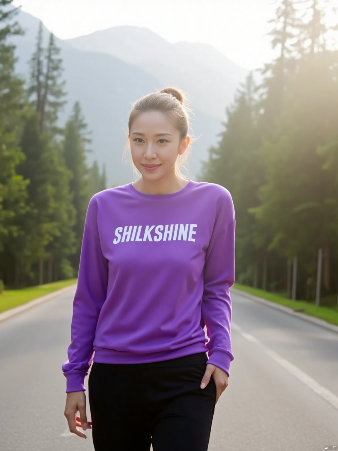A woman's athletic form is framed against the serene backdrop of a tree-lined road, with misty mountains rising into the distance. Soft sunlight illuminates her sporty attire, showcasing the vibrant purple 'SHILKSHINE' sweat top with white lettering, paired with sleek black sweatpants. Her confident pose and relaxed expression evoke a sense of freedom and joy.