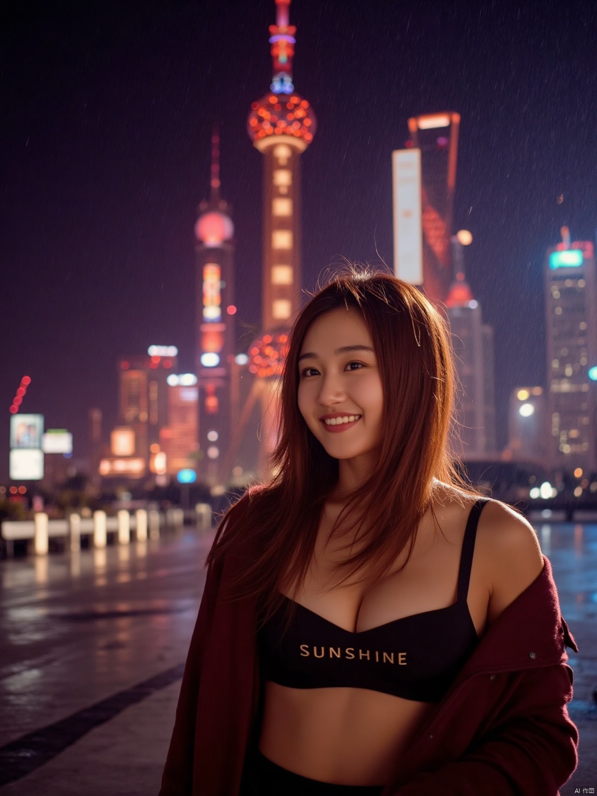 On the Shanghai Bund under the neon lights at night, with the Oriental Pearl Tower in the background, a beautiful woman looked at the audience with a smile in the drizzle. She was wearing a tight top with medium to large breasts, revealing her beautiful cleavage. The letters "SUNSHINE" were written on her chest. Her confidence was contagious to everyone.