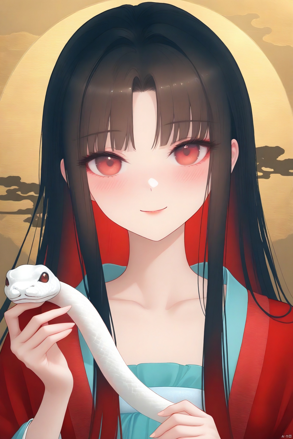  ,jinboyancaizhushahong,1girl, solo, looking at viewer, blush, smile, long hair, bangs, hanfu, holding snake, collarbone, upper body,multicolored hair, hands up, gradient hair, smoke,
