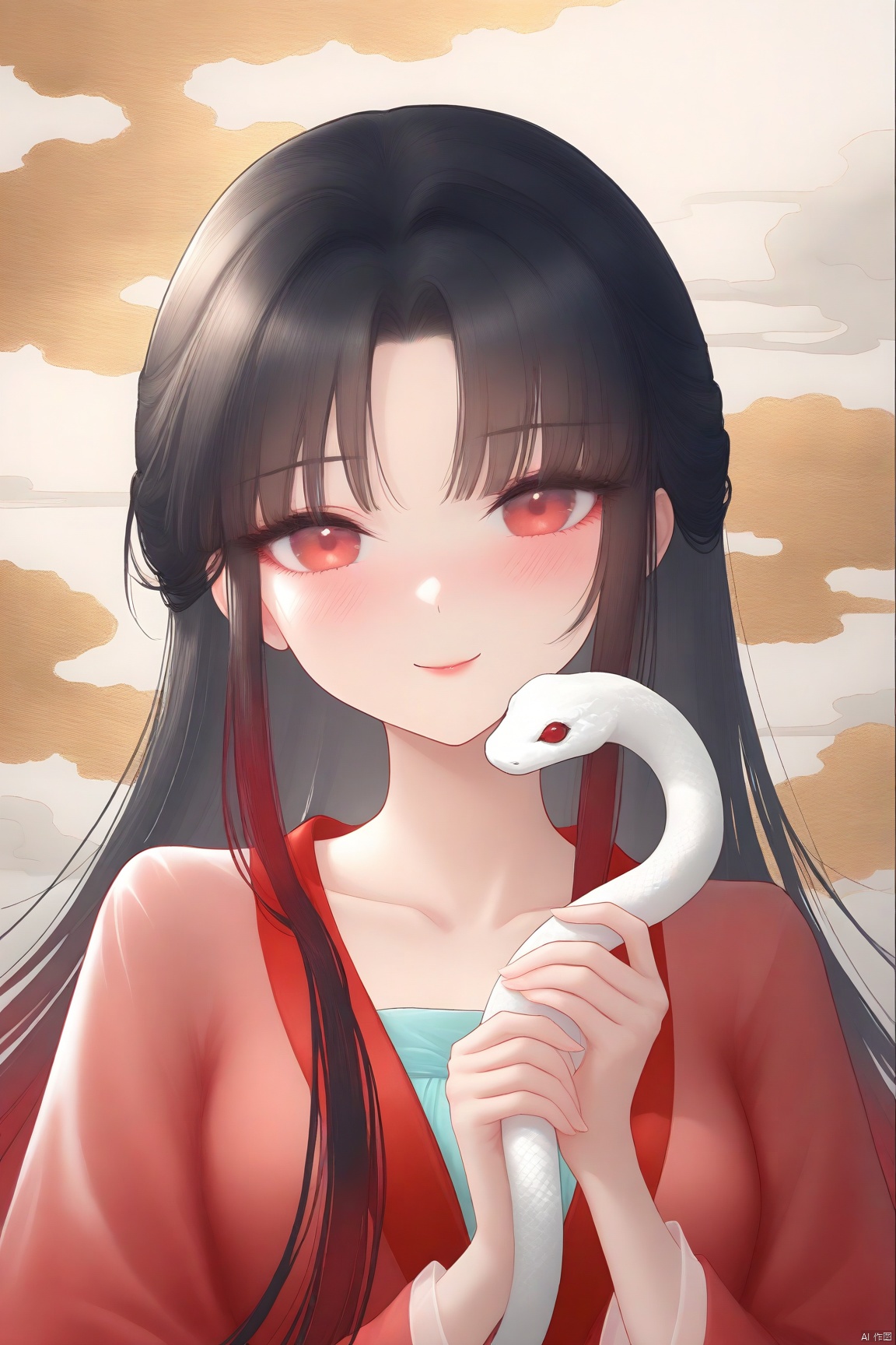  ,jinboyancaizhushahong,1girl, solo, looking at viewer, blush, smile, long hair, bangs, hanfu, holding snake, collarbone, upper body,multicolored hair, hands up, gradient hair, smoke,