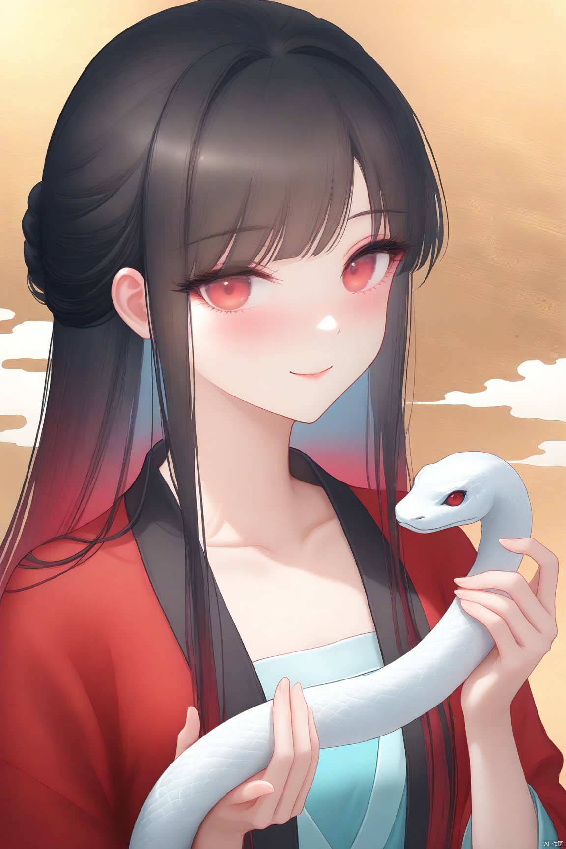  ,jinboyancaizhushahong,1girl, solo, looking at viewer, blush, smile, long hair, bangs, hanfu, holding snake, collarbone, upper body,multicolored hair, hands up, gradient hair, smoke,