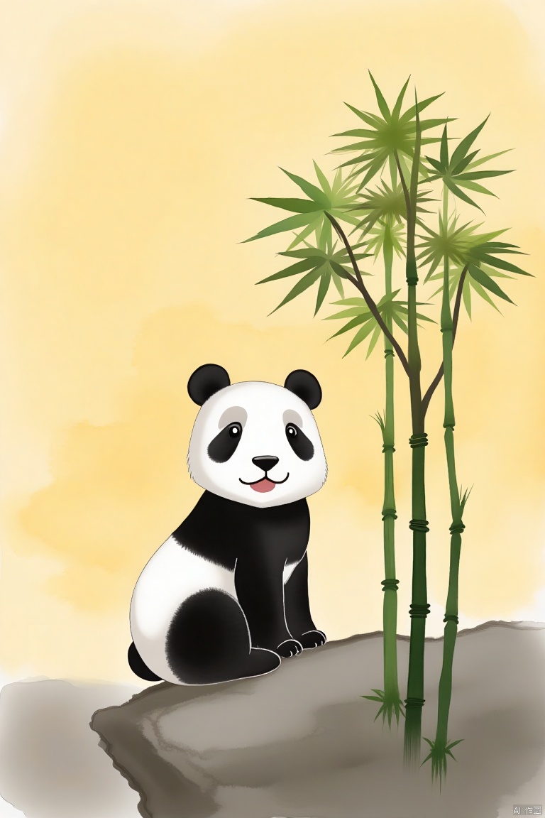 , Jinboyancaizhushahong,a panda is perched on a rock, its head turned slightly to the left. The panda's body is a stark white, with a black stripe down its back. Its eyes are a piercing black, and its nose is a darker shade of black. To the right of the panda, a tall bamboo plant is visible, its branches reaching up to the sky. The background is a muted yellow, and the plant's leaves are a vibrant green, adding a pop of color to the scene.