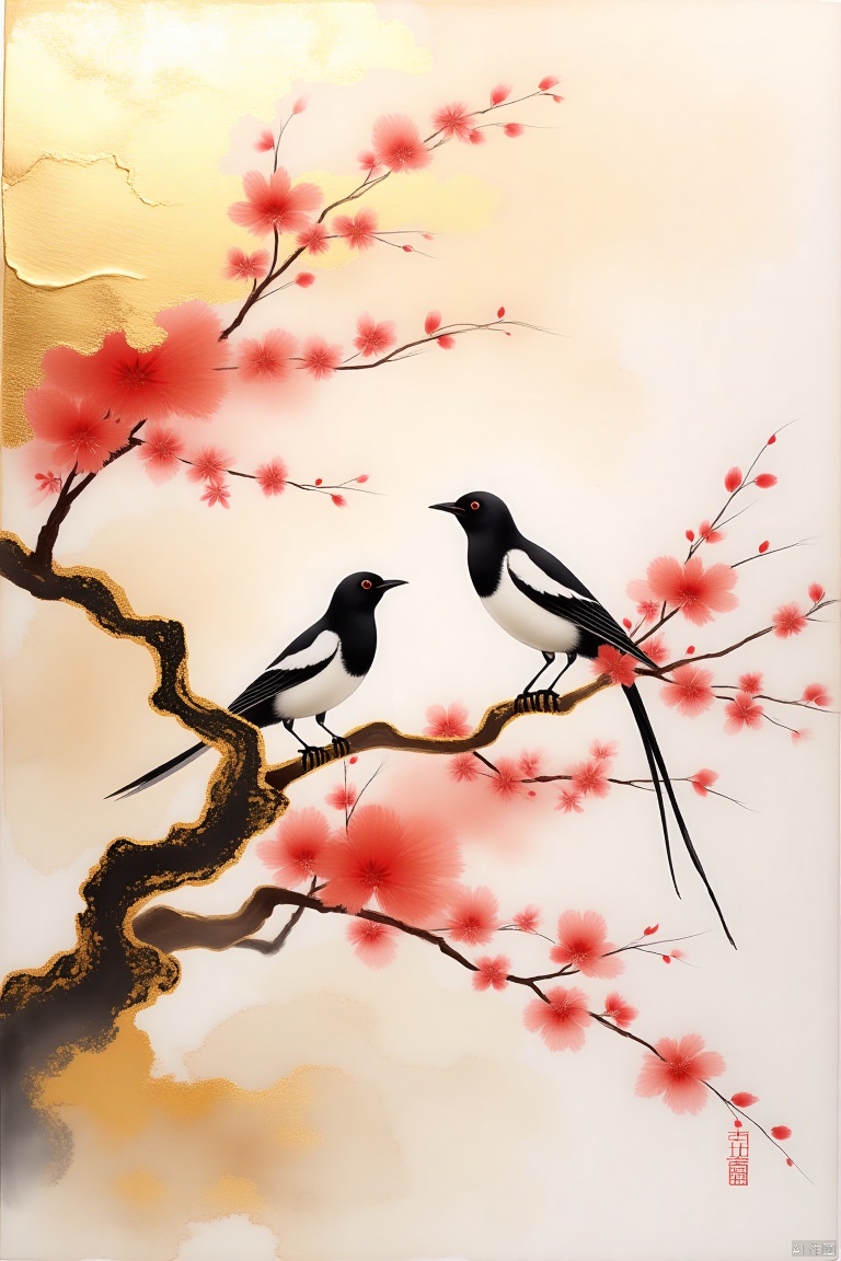  ,jinboyancaizhushahong,Magpies on branches, birds, plum blossoms, flowers scattered, close-up, Chinese style, golden, excellent work, high resolution, enhanced clarity, added details, detail enhancement, illustration style, high-quality illustration,