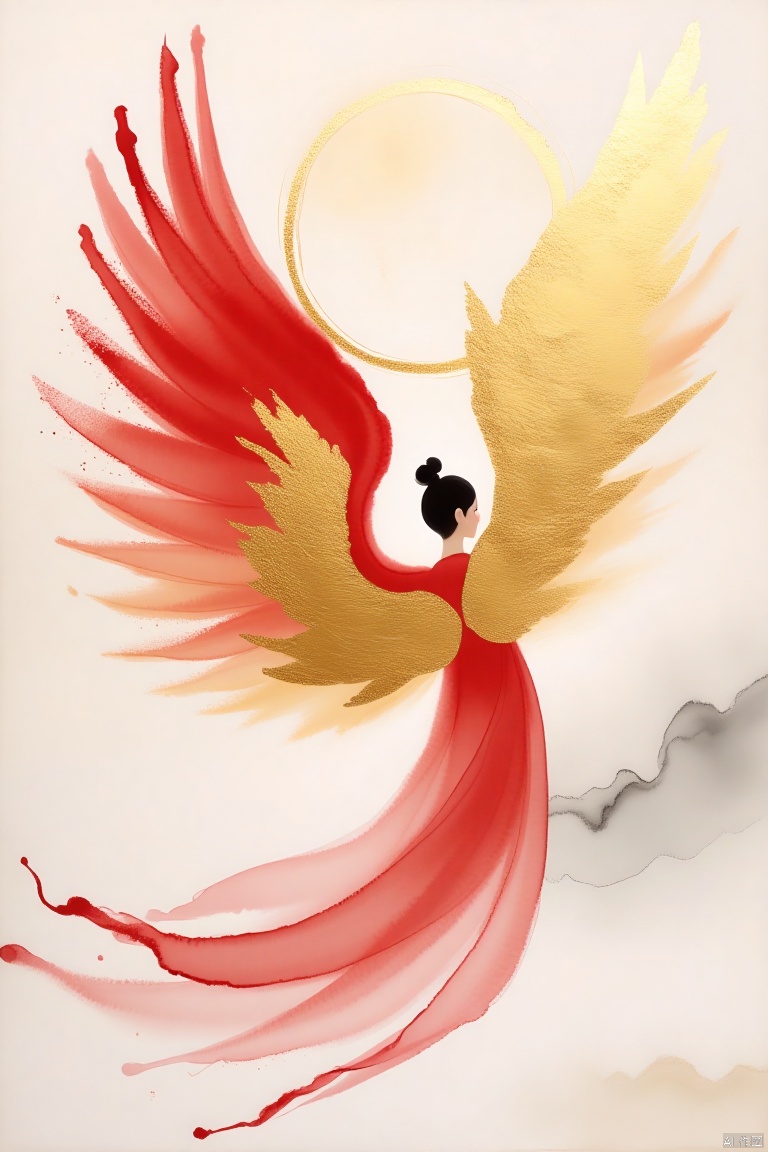 , Jinboyancaizhushahong,Kilrian photography style, ethereal beauty, ink painting, splashed ink, Gongbi, Exquisite brushstrokes, Zen simplicity, golden and red wings and a golden halo, in the style of Peter Molbach, a conceptual art of animated action games,