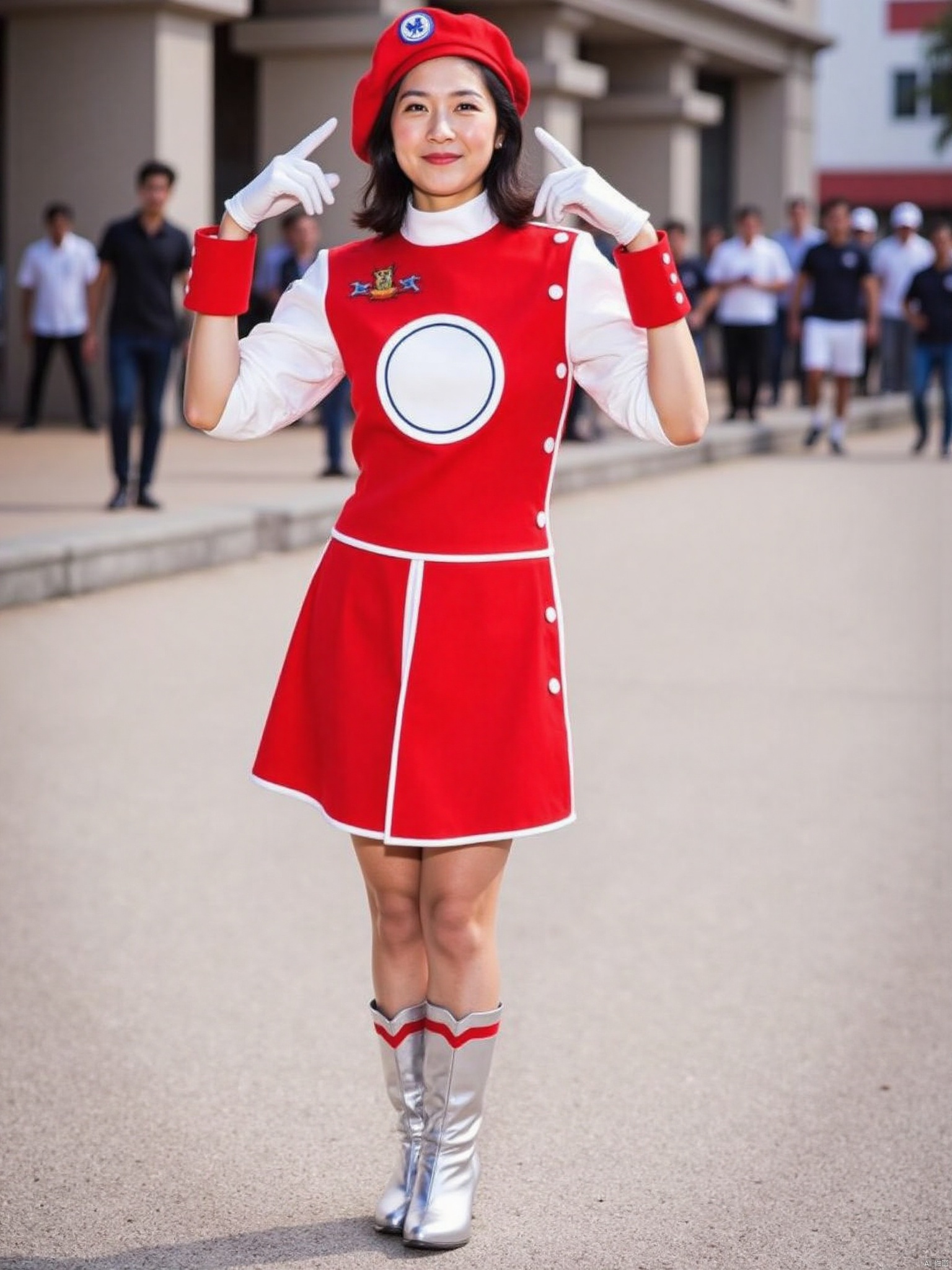 MAC,hat,beret,dress,collar,belt,logo,uniform,jacket,gloves,boots,emblem,white footwear,red vest,red dress with white pattern