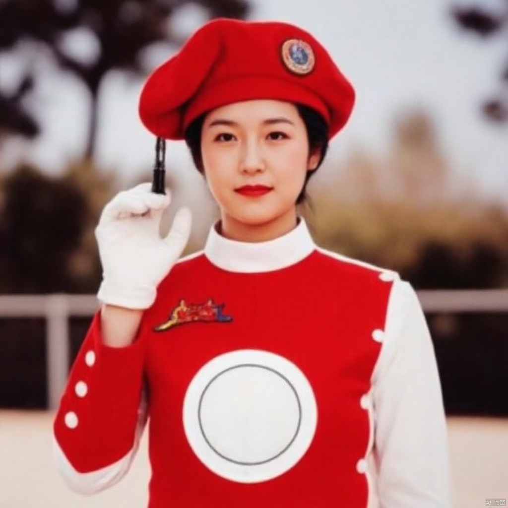 MAC,hat,beret,dress,collar,belt,logo,uniform,jacket,gloves,boots,emblem,white footwear,red vest,red dress with white pattern