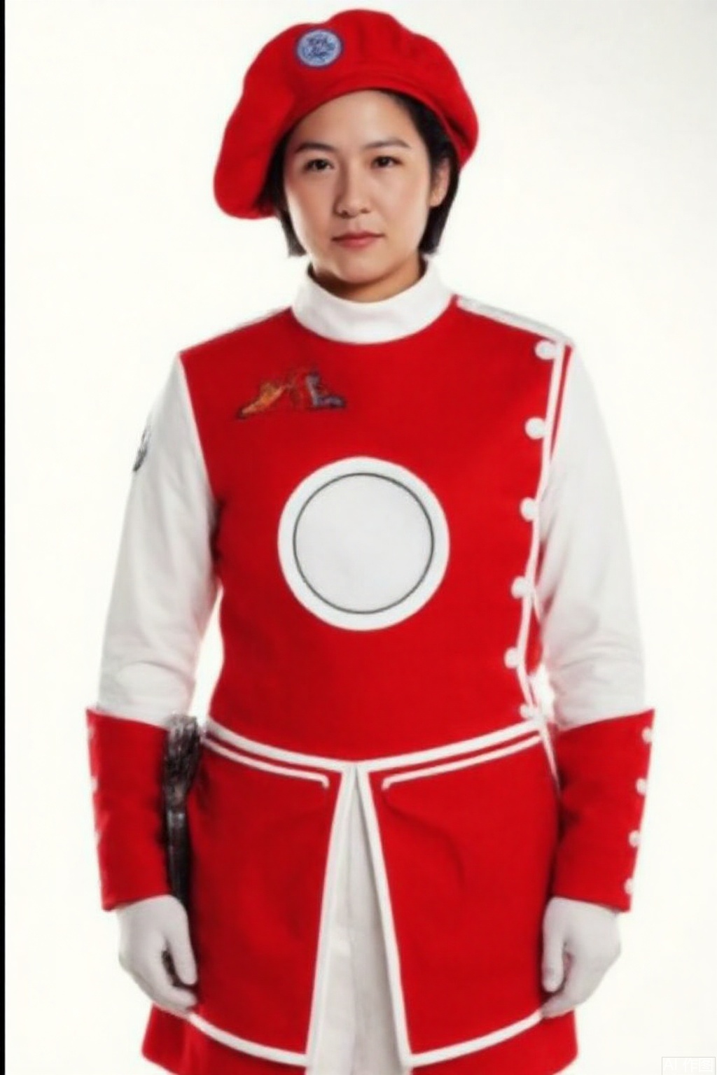 masterpiece, best quality,solo,(white background:1.2),simple background,
looking at viewer,MAC,hat,beret,dress,collar,belt,logo,uniform,jacket,gloves,boots,emblem,white footwear,red vest,red dress with white pattern