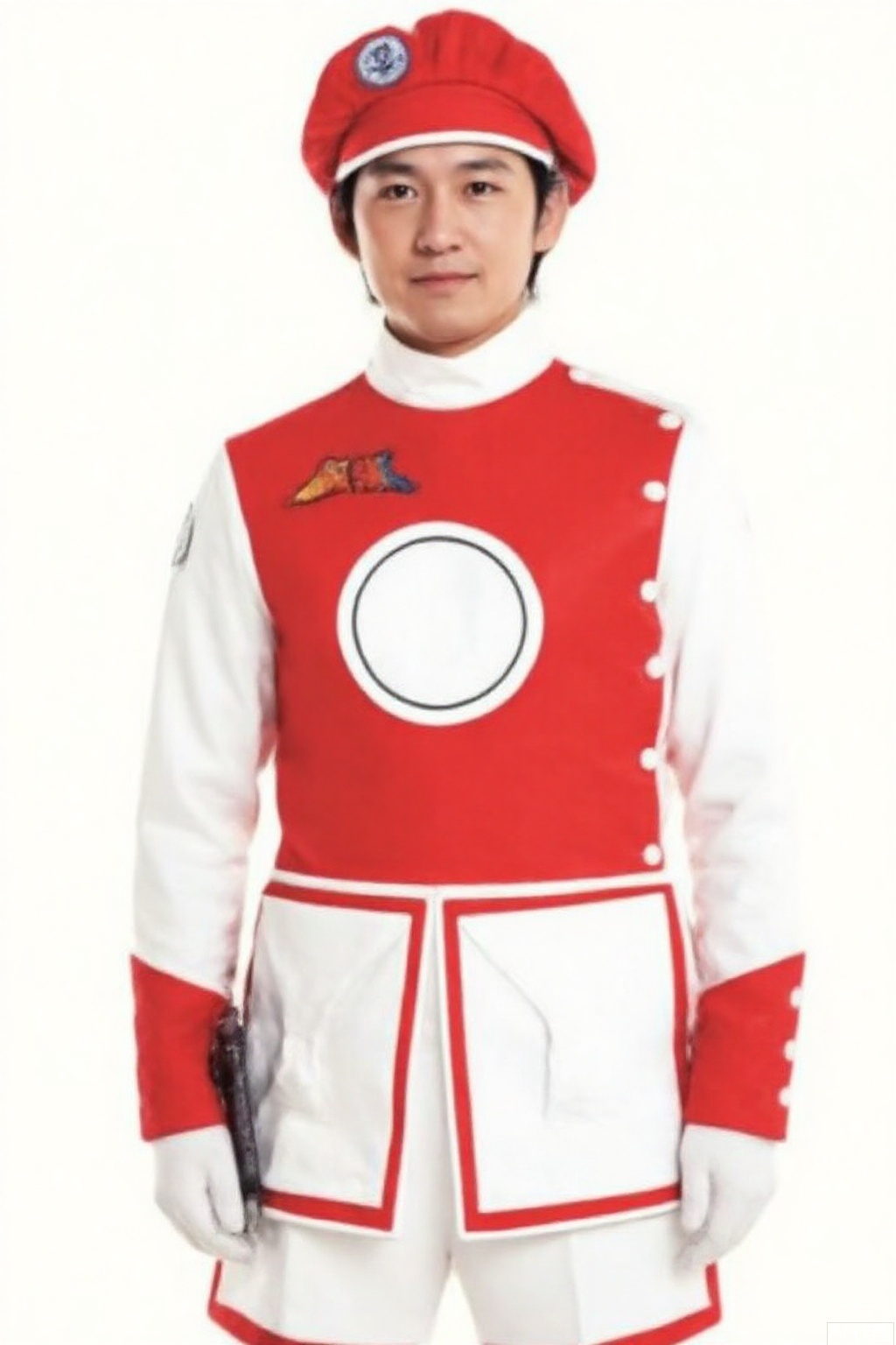 masterpiece, best quality,solo,(white background:1.2),simple background,
looking at viewer,MAC,hat,beret,dress,collar,belt,logo,uniform,jacket,gloves,boots,emblem,white footwear,red vest,red dress with white pattern