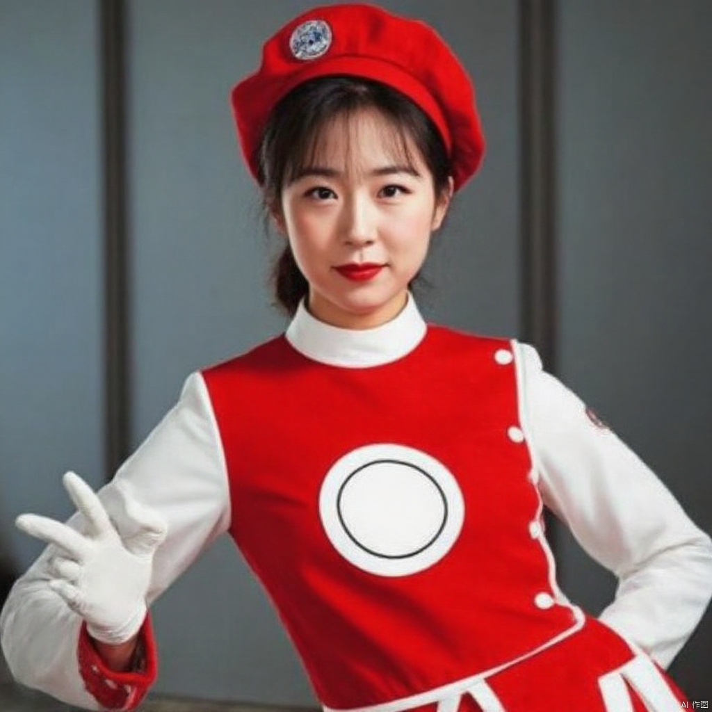 MAC,hat,beret,dress,collar,belt,logo,uniform,jacket,gloves,boots,emblem,white footwear,red vest,red dress with white pattern
