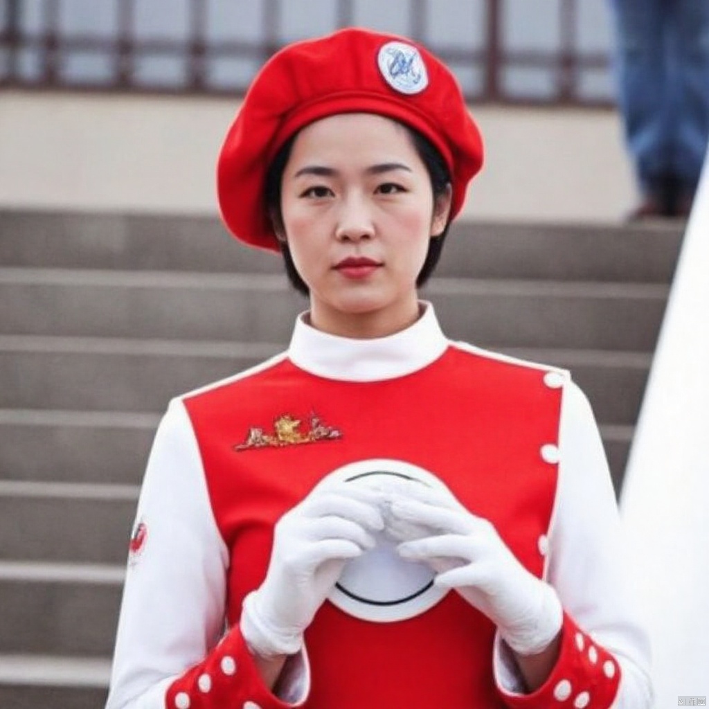 MAC,hat,beret,dress,collar,belt,logo,uniform,jacket,gloves,boots,emblem,white footwear,red vest,red dress with white pattern