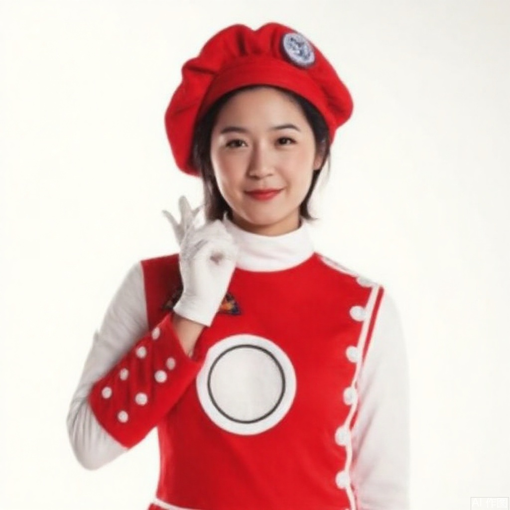 masterpiece, best quality,solo,(white background:1.2),simple background,
looking at viewer,MAC,hat,beret,dress,collar,belt,logo,uniform,jacket,gloves,boots,emblem,white footwear,red vest,red dress with white pattern
