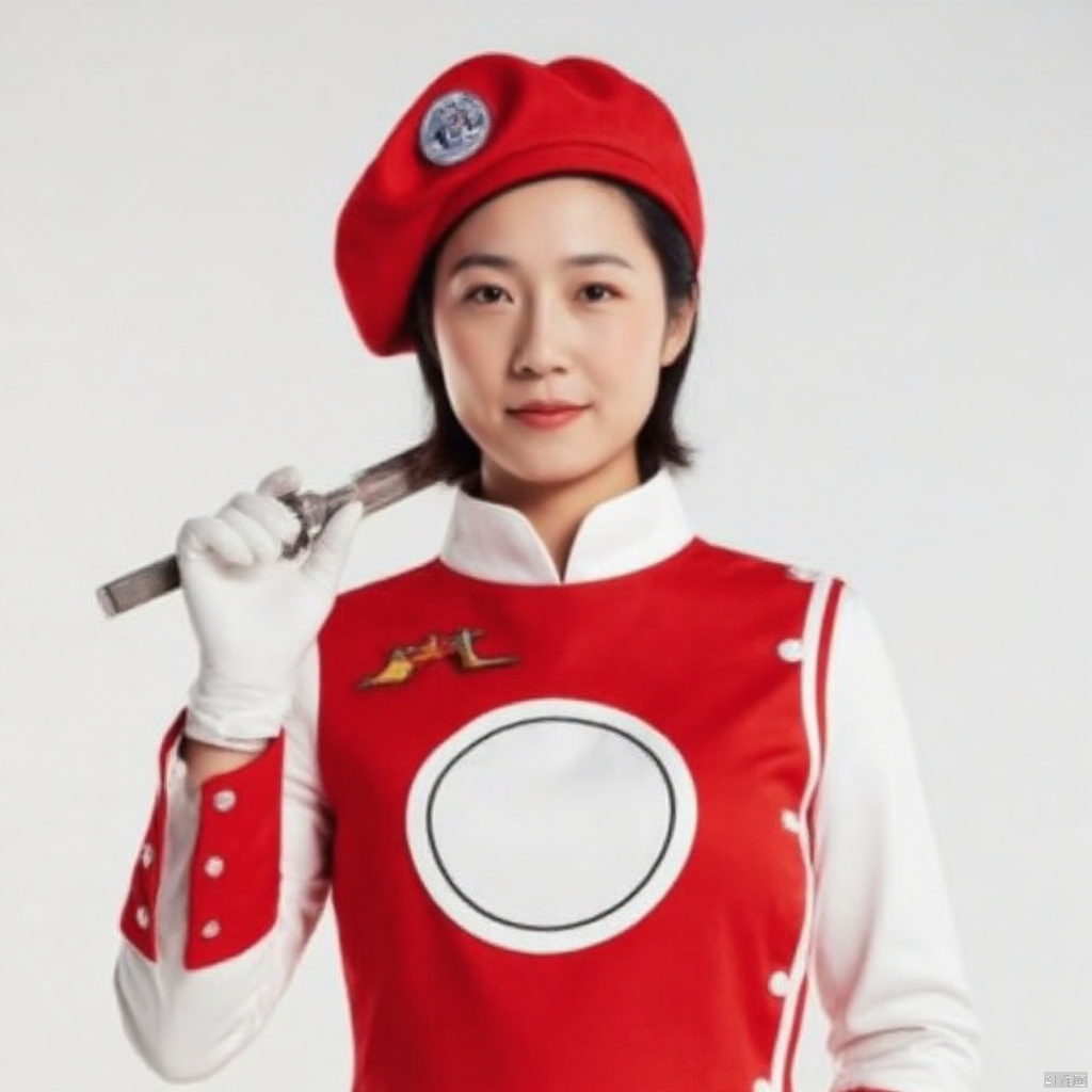 MAC,hat,beret,dress,collar,belt,logo,uniform,jacket,gloves,boots,emblem,white footwear,red vest,red dress with white pattern