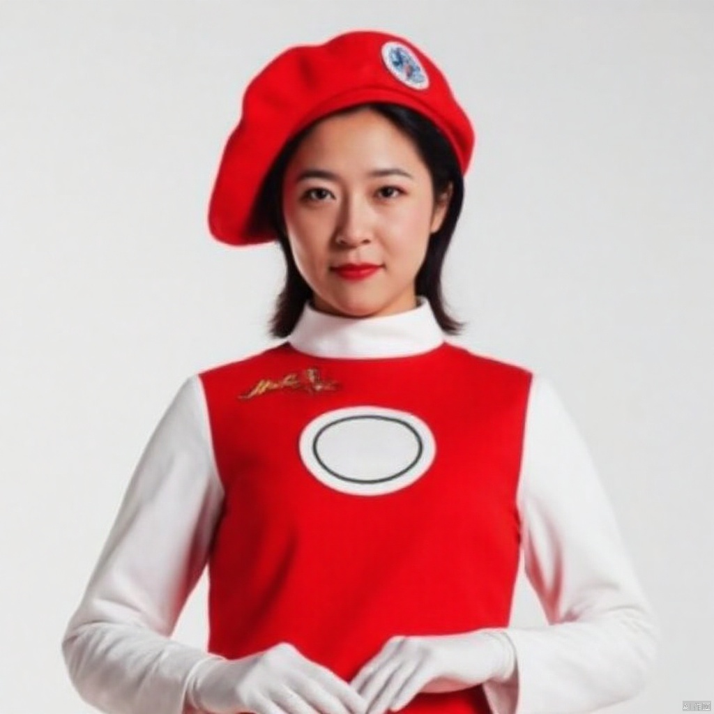 MAC,hat,beret,dress,collar,belt,logo,uniform,jacket,gloves,boots,emblem,white footwear,red vest,red dress with white pattern