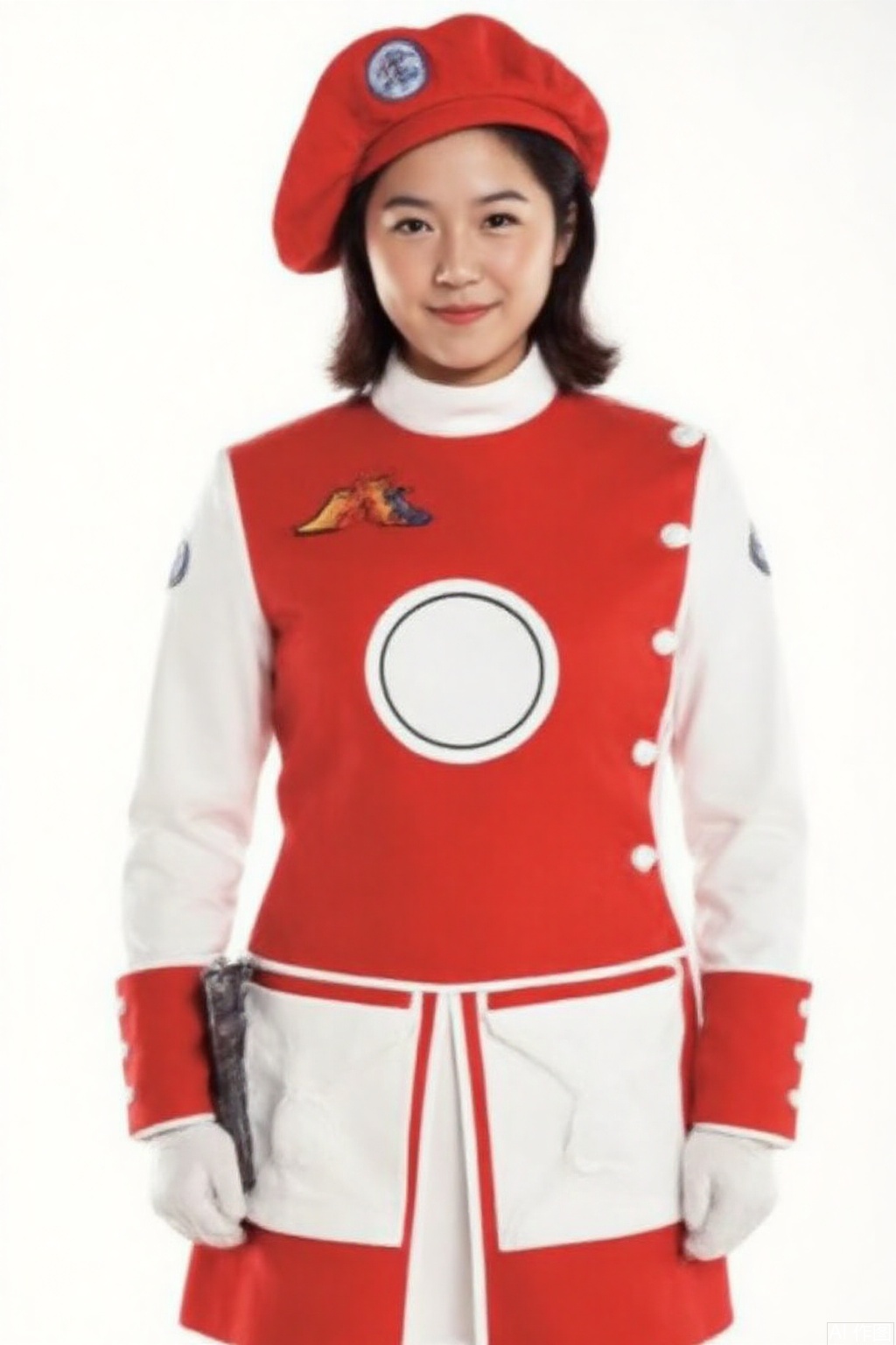 masterpiece, best quality,solo,(white background:1.2),simple background,
looking at viewer,MAC,hat,beret,dress,collar,belt,logo,uniform,jacket,gloves,boots,emblem,white footwear,red vest,red dress with white pattern