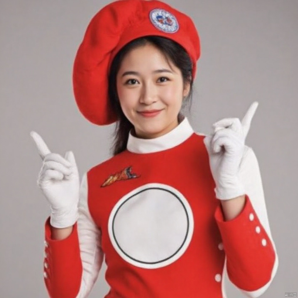 MAC,hat,beret,dress,collar,belt,logo,uniform,jacket,gloves,boots,emblem,white footwear,red vest,red dress with white pattern