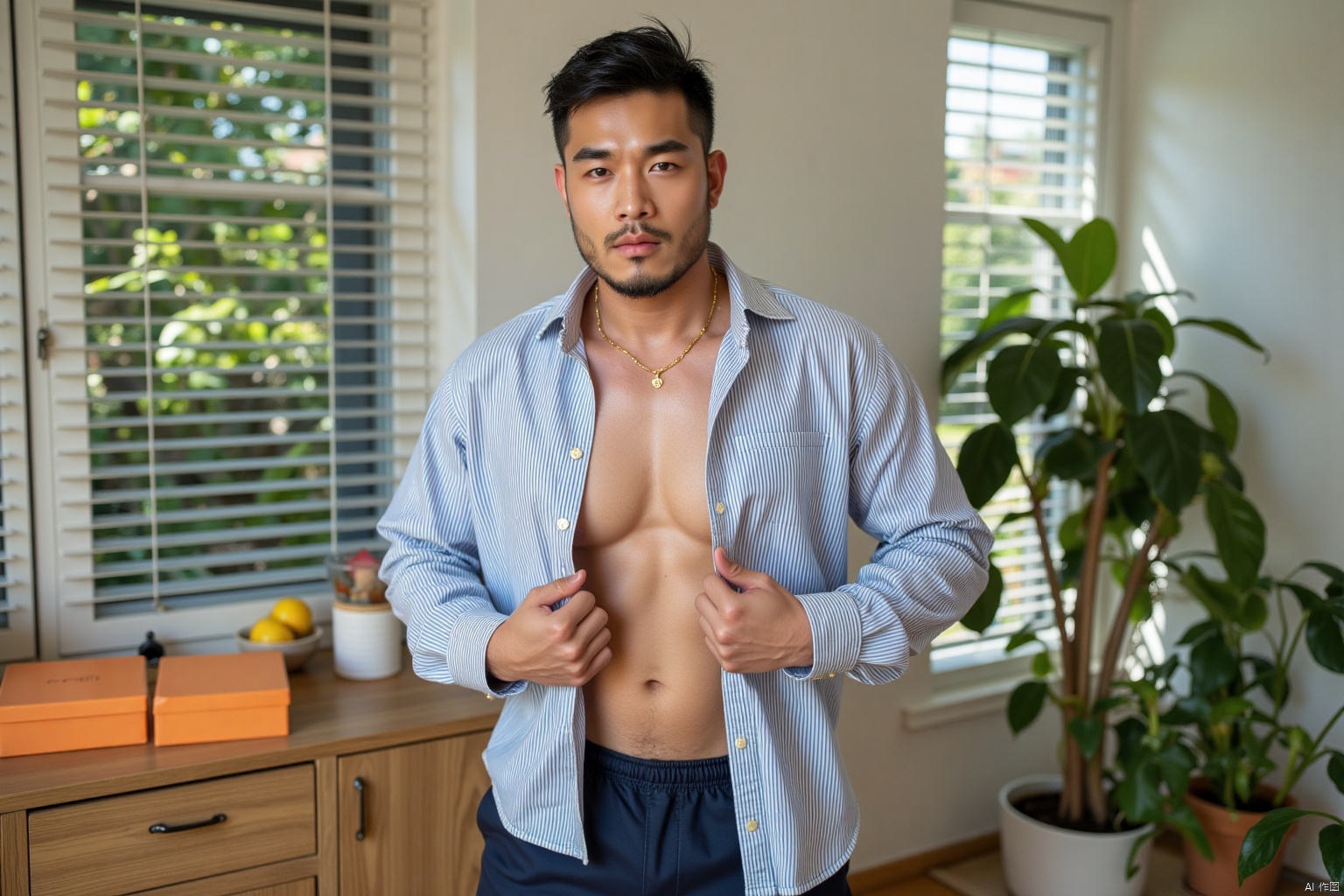 In an indoor space, a handsome Asian man is standing. He has a neat short hairstyle. His hair is pitch-black and full of texture, presenting a fresh and capable image. His facial contours are as if meticulously carved. His thick eyebrows are slightly arched, adding a bit of heroism to his bright and deep eyes. His nose is straight and high-bridged, with a smooth line, and his lips have an elegant shape. The facial hair on his cheeks and chin is well-groomed, slightly bluish, fully demonstrating his mature and unruly masculine charm. A thin gold necklace gracefully hangs around his neck, glimmering faintly under the indoor light, and contrasting with his healthy bronze-toned skin, making it even more exquisite. He is wearing a loose long-sleeved shirt with vertical stripes on his upper body. Most of the buttons are undone, and the collar is casually folded, revealing his well-defined and firm chest, which shows off the perfect figure shaped by long-term fitness. He is paired with dark blue casual trousers on his lower body, made of soft and comfortable material. He is pulling the corners of his shirt with both hands, with a casual and confident posture. He is in a warm indoor environment. There are some items placed on the cabinet behind him, and two orange boxes are particularly eye-catching. There is a window with blinds beside it. Through the gaps in the blinds, the lush green plants outside can be seen. The sunlight shines down, adding a natural and fresh feeling to the scene, and creating a casual and stylish home atmosphere as a whole. 