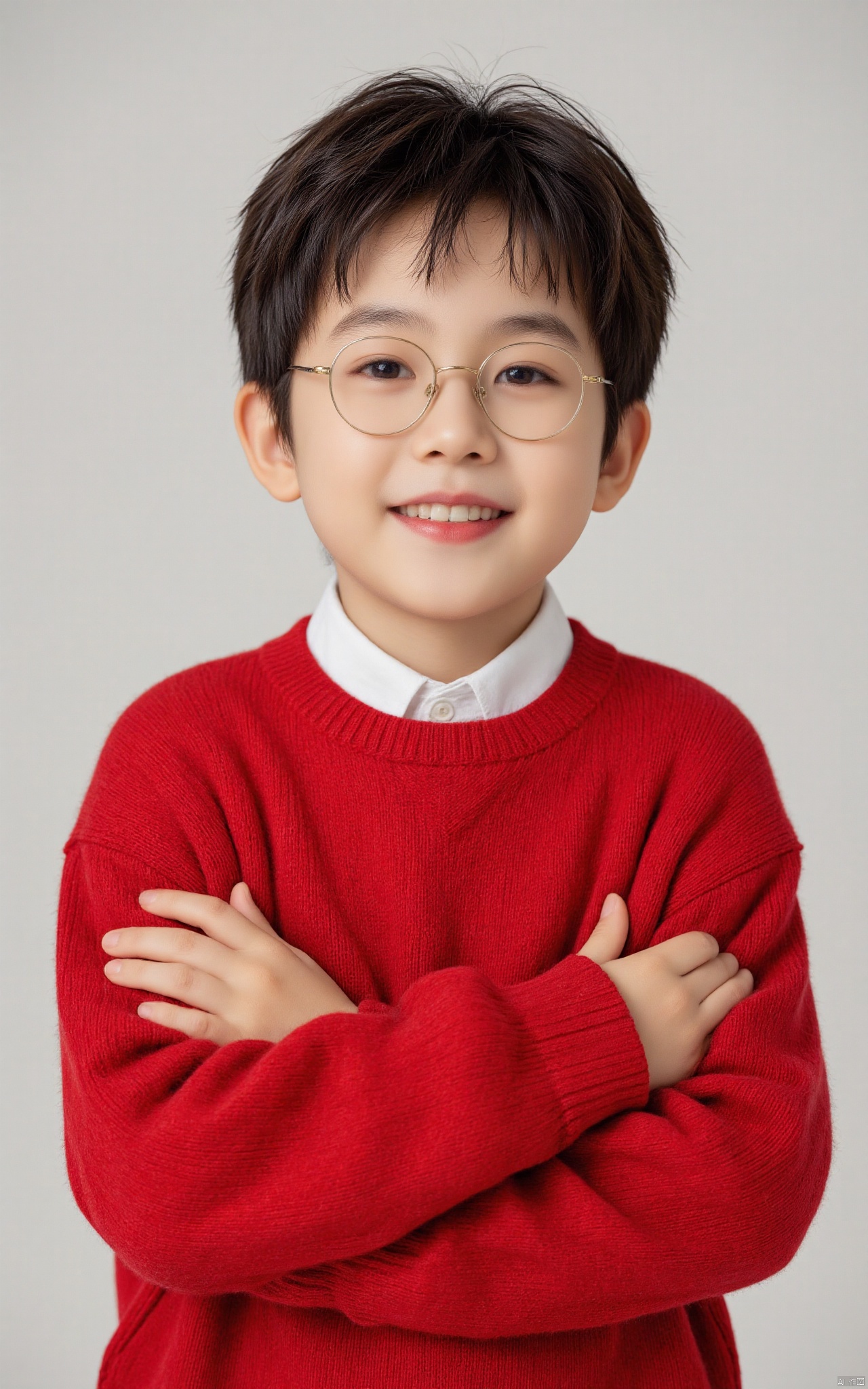 hubgchild,a little boy,wearing glasses and a red sweater with a smile on his face and arms folded over his shoulders, Byeon Sang-byeok, childish, a photocopy, toyism, portrait photography