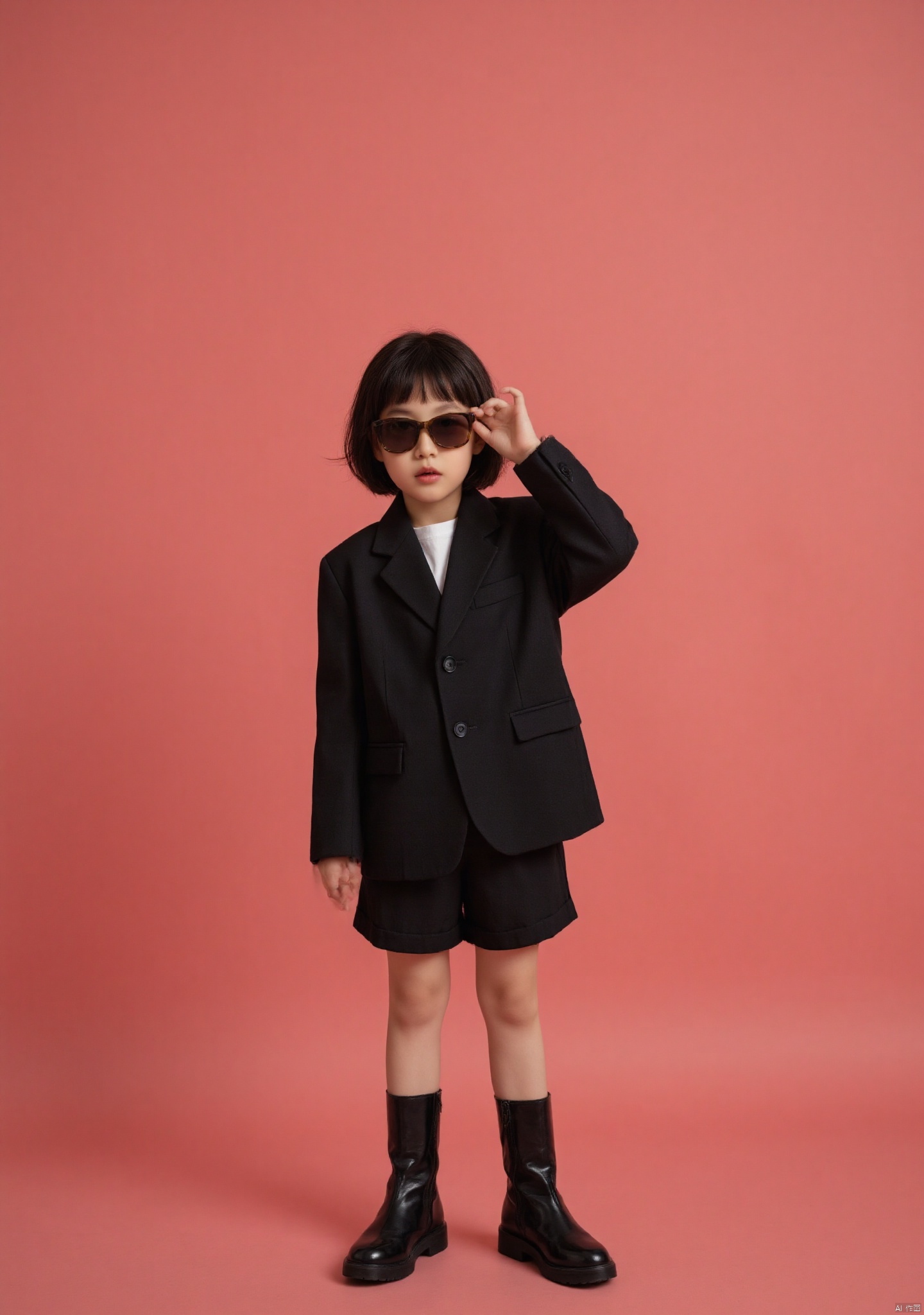 hubgchild,A Little girl,short hair,with big sunglasses,wearing oversize black suit,shorts,long boots,posing for a photo,cool expression,solid color background,studio light,